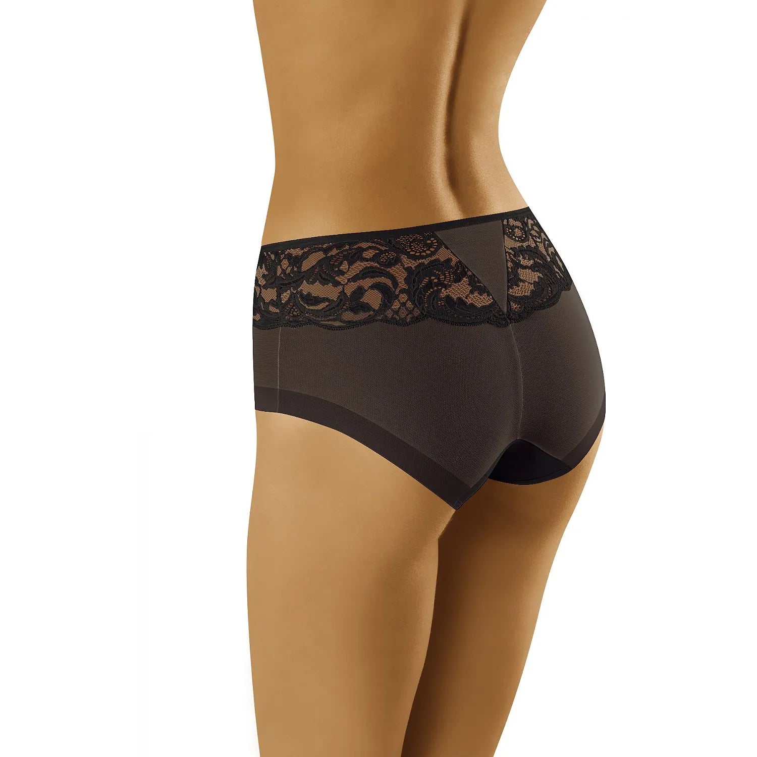 Culotte taille haute noire Wolbar 156213 en dentelle florale et microfibre, élégance et confort pour occasions intimes.