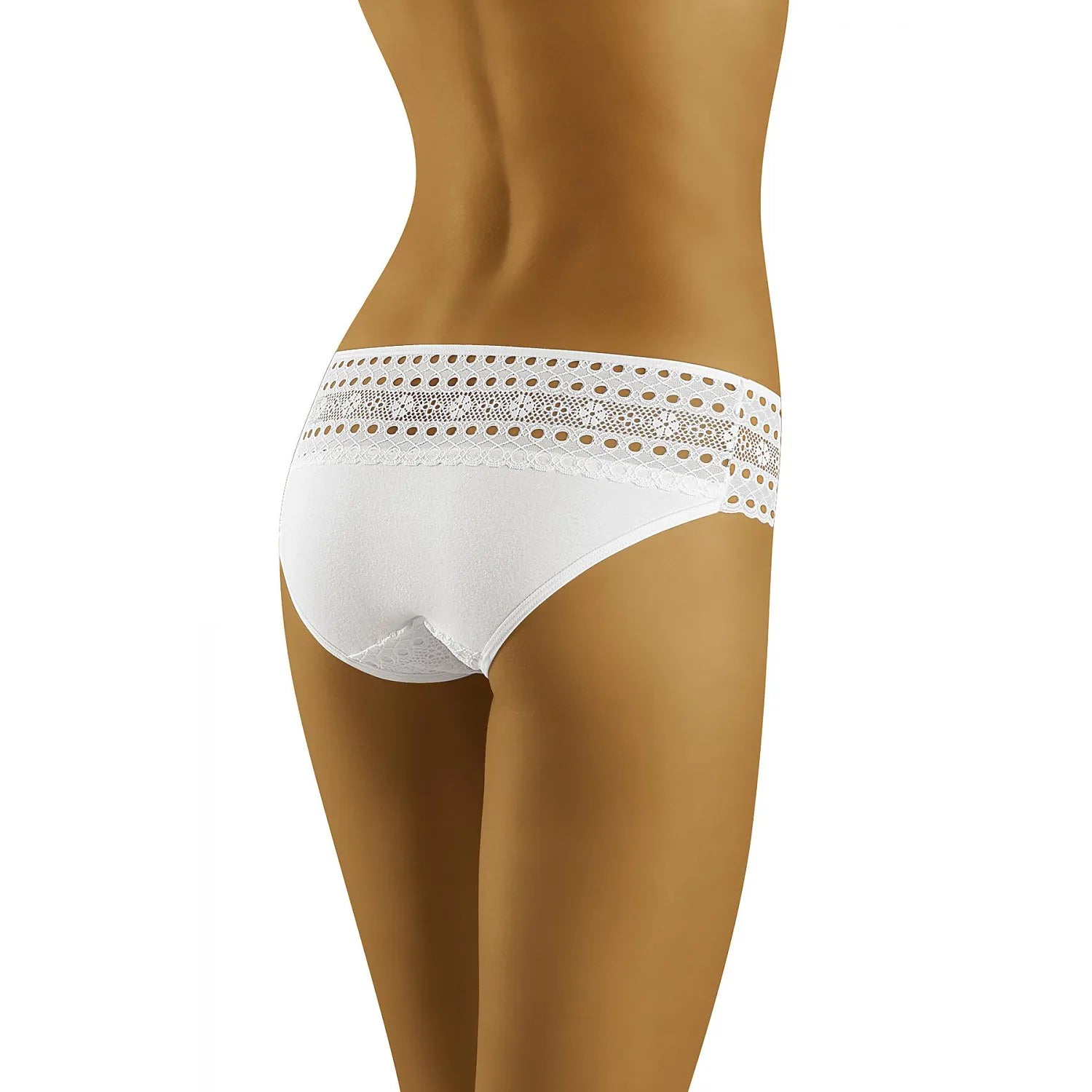 Culotte blanche en dentelle ajourée Wolbar, élégante et confortable, vue arrière, taille basse, design raffiné.