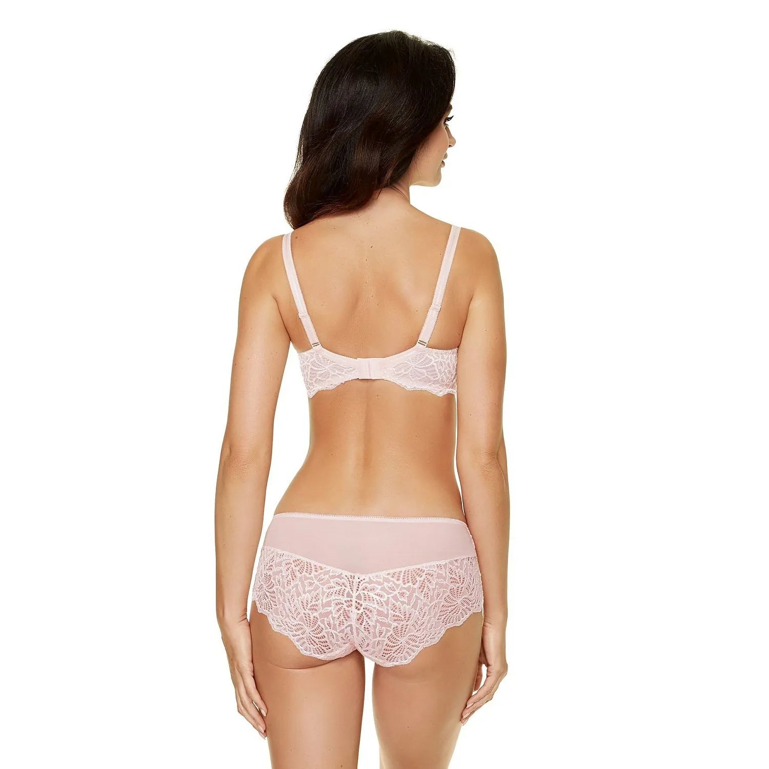 Soutien-gorge semi-coussiné rose dentelle florale Gorteks 156449, élégant et raffiné, vue arrière sur mannequin.