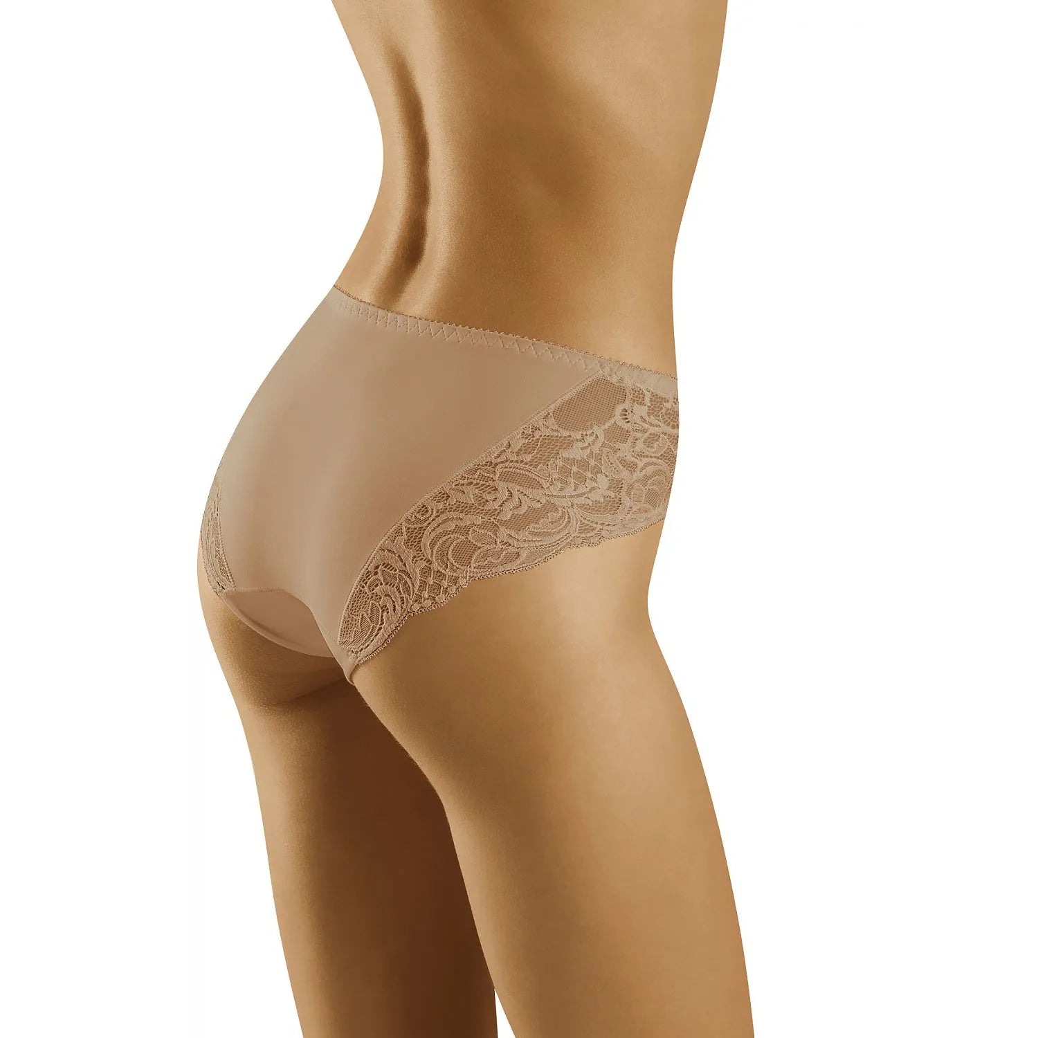 Culotte en dentelle beige élégante, style floral, coupe classique, transparence délicate, taille élastique, lingerie fémin...