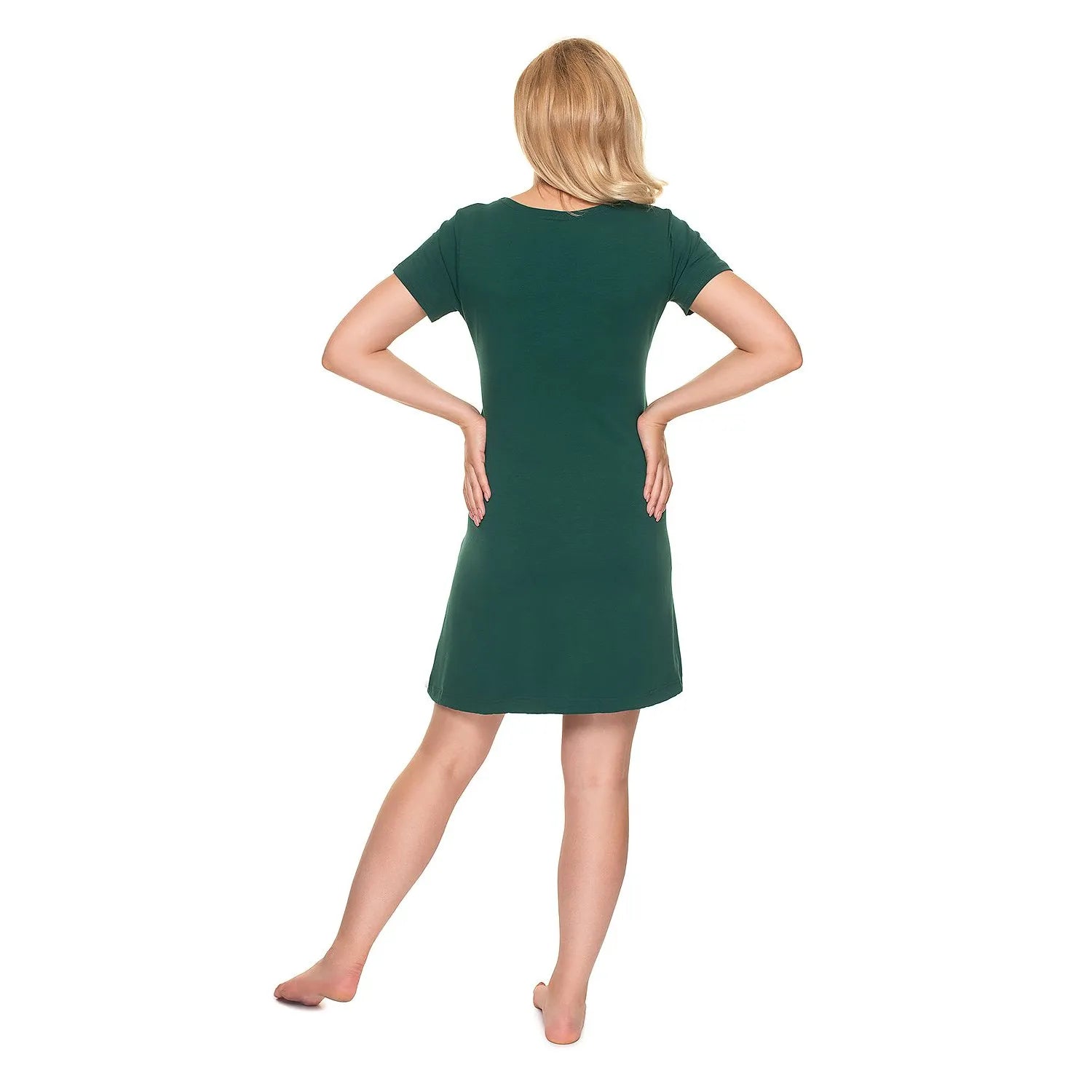 Chemise de nuit maternité verte Pee Ka Boo, manches courtes, coupe évasée, confort allaitement, coton élasthanne.
