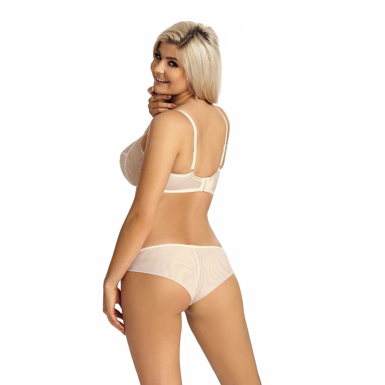 Ensemble lingerie dentelle blanche motif floral, soutien-gorge et culotte ajustables, confort féminin élégant.