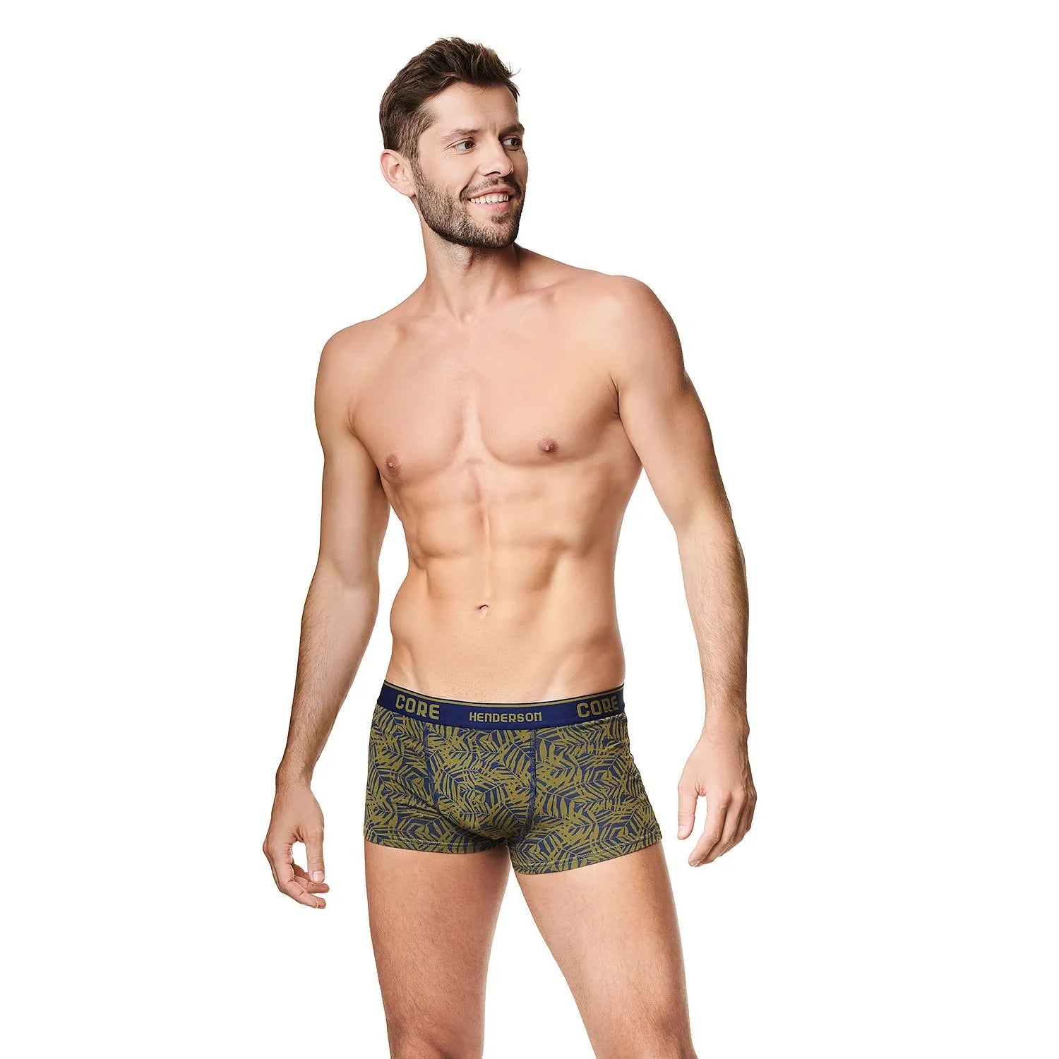 Boxer homme ajusté coton élasthanne, ceinture élastique olive, motifs contrastants, confort et maintien respirant.