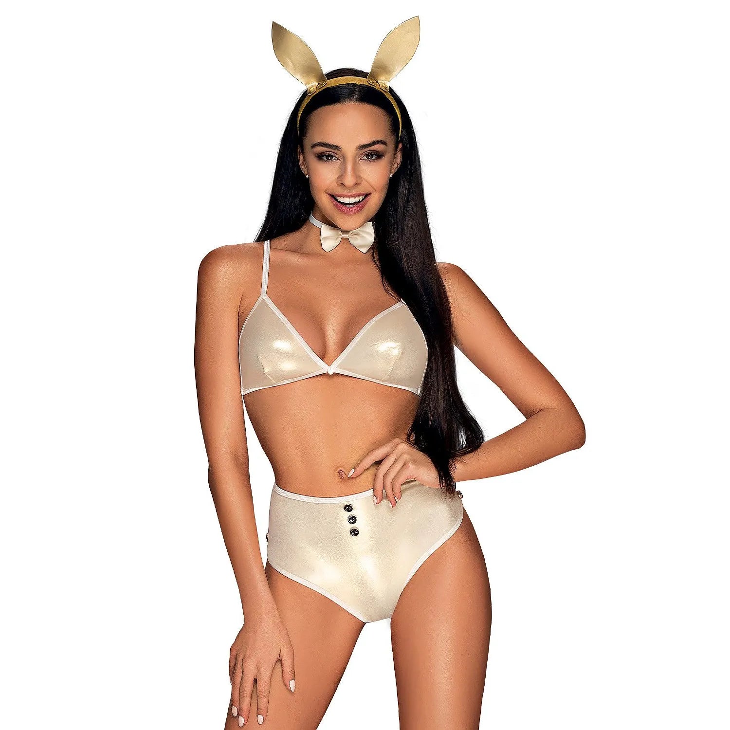 Costume lapin doré quatre lingerie érotique satiné triangle sans armature culotte taille haute boutons décoratifs serre tête oreilles