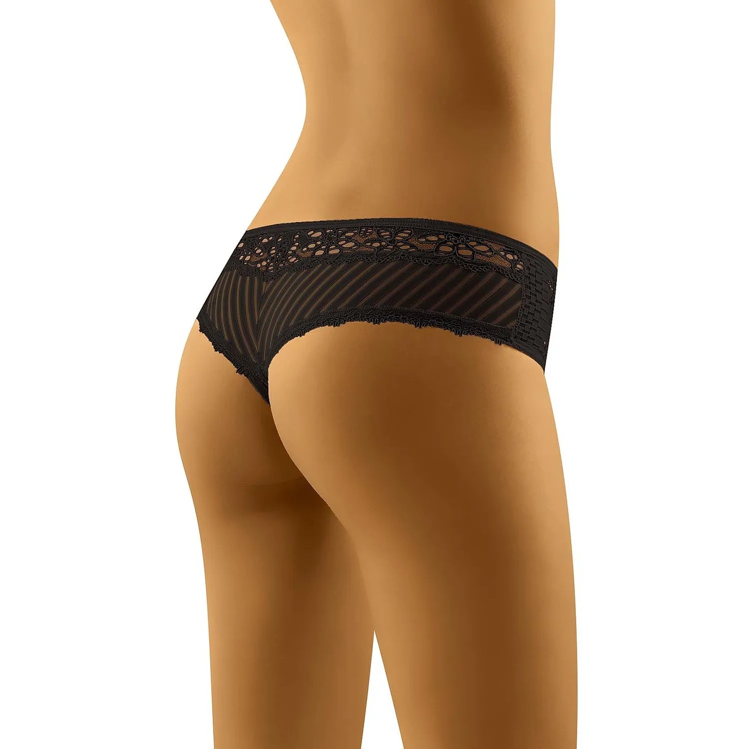 Culotte string noire Wolbar en dentelle et rayures transparentes, design moderne et sensuel, confort quotidien.
