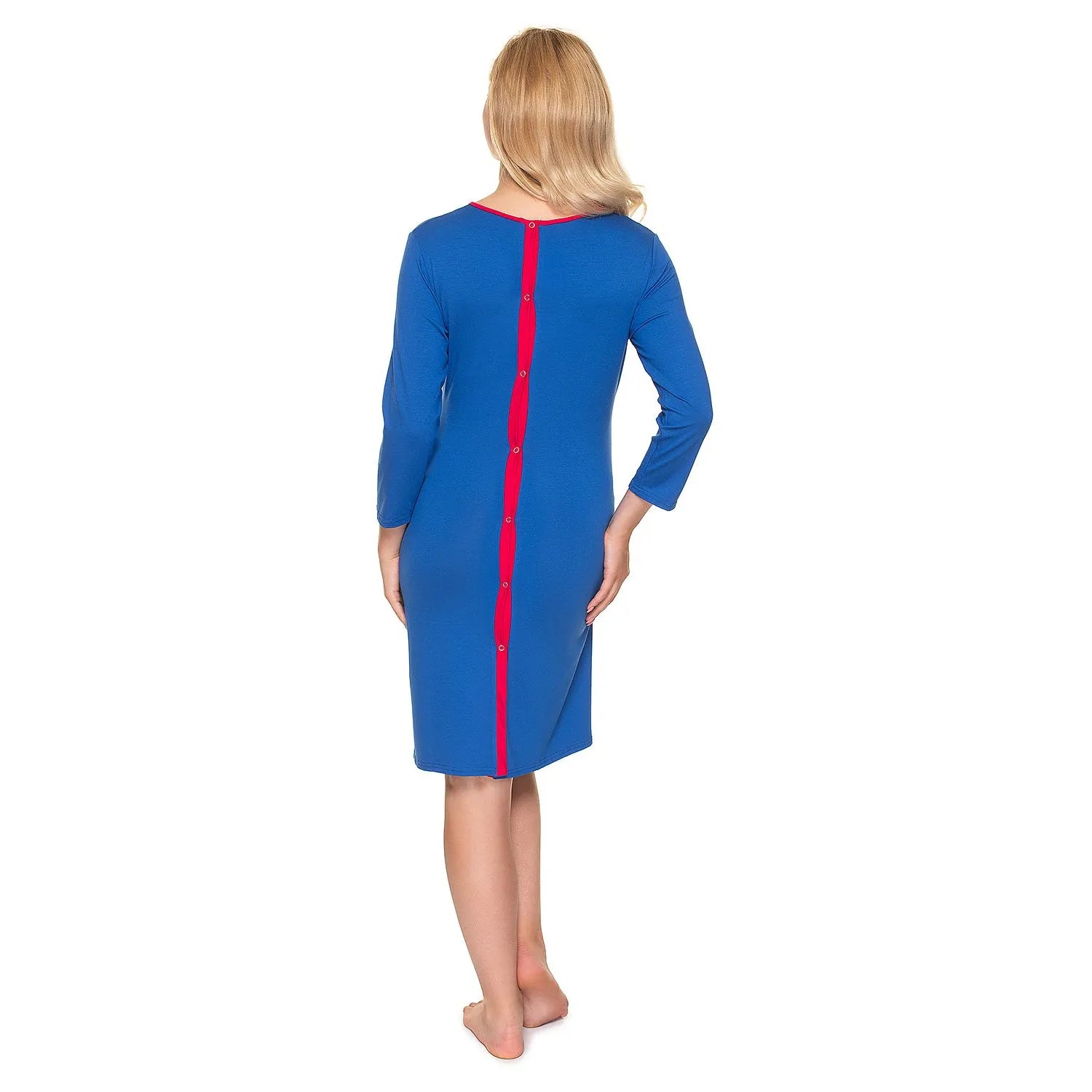 Chemise de nuit maternité bleue manches trois-quarts, boutons rouges, confort allaitement Pee Ka Boo model 159434.
