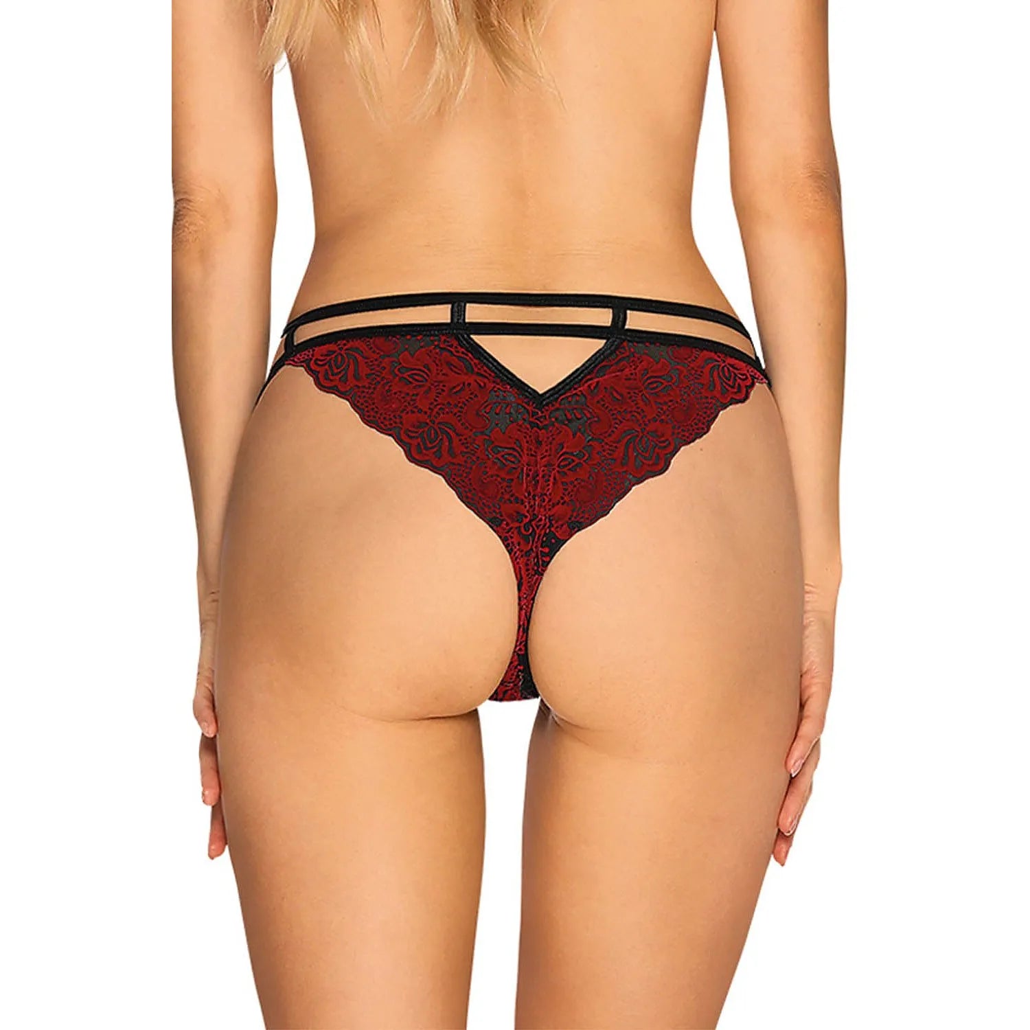 Culotte string dentelle rouge florale ajourée, bretelles doubles, design érotique et élégant, confort élasthanne.
