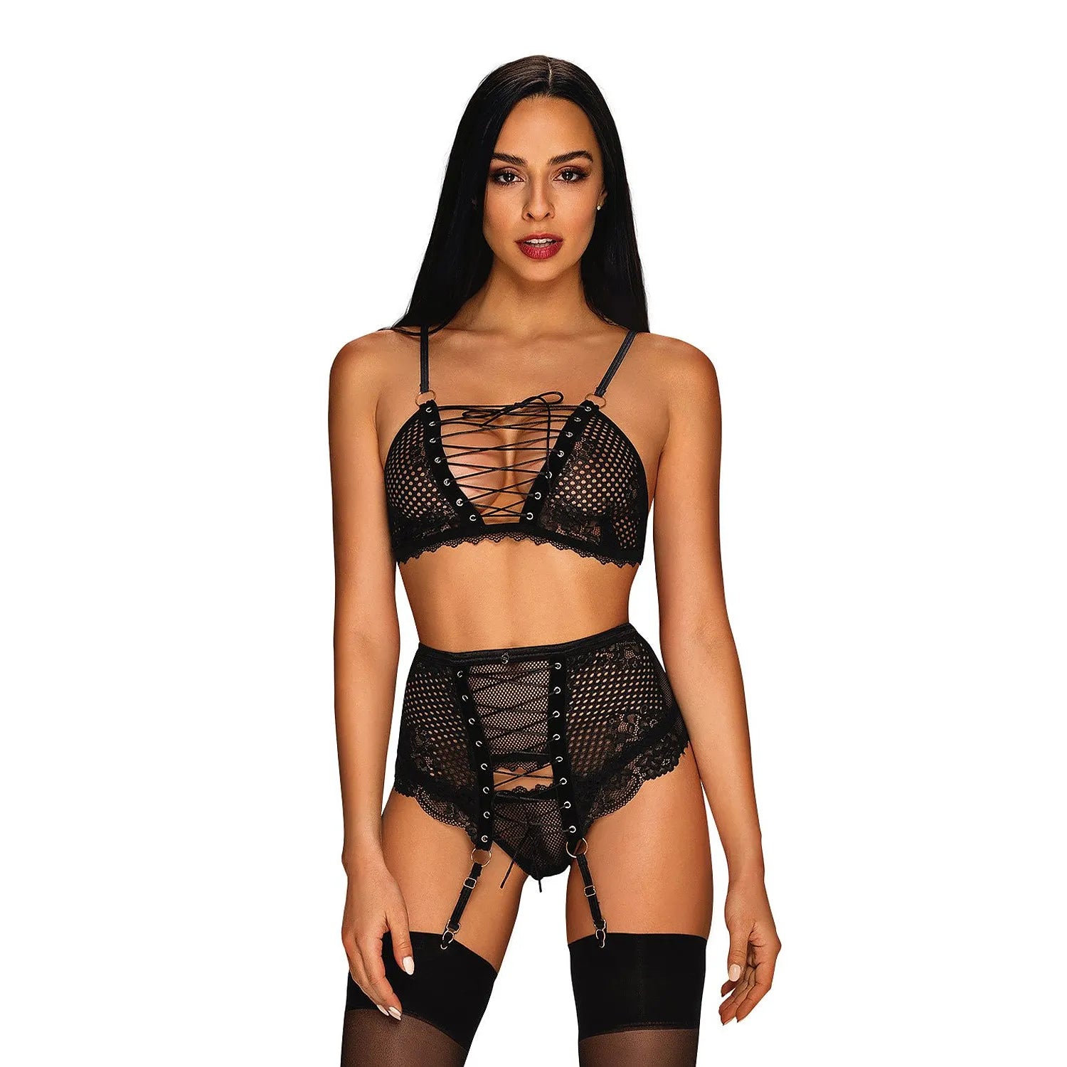 Ensemble lingerie trois-pièces sensuelle tricot élastique sans armature Obsessive
