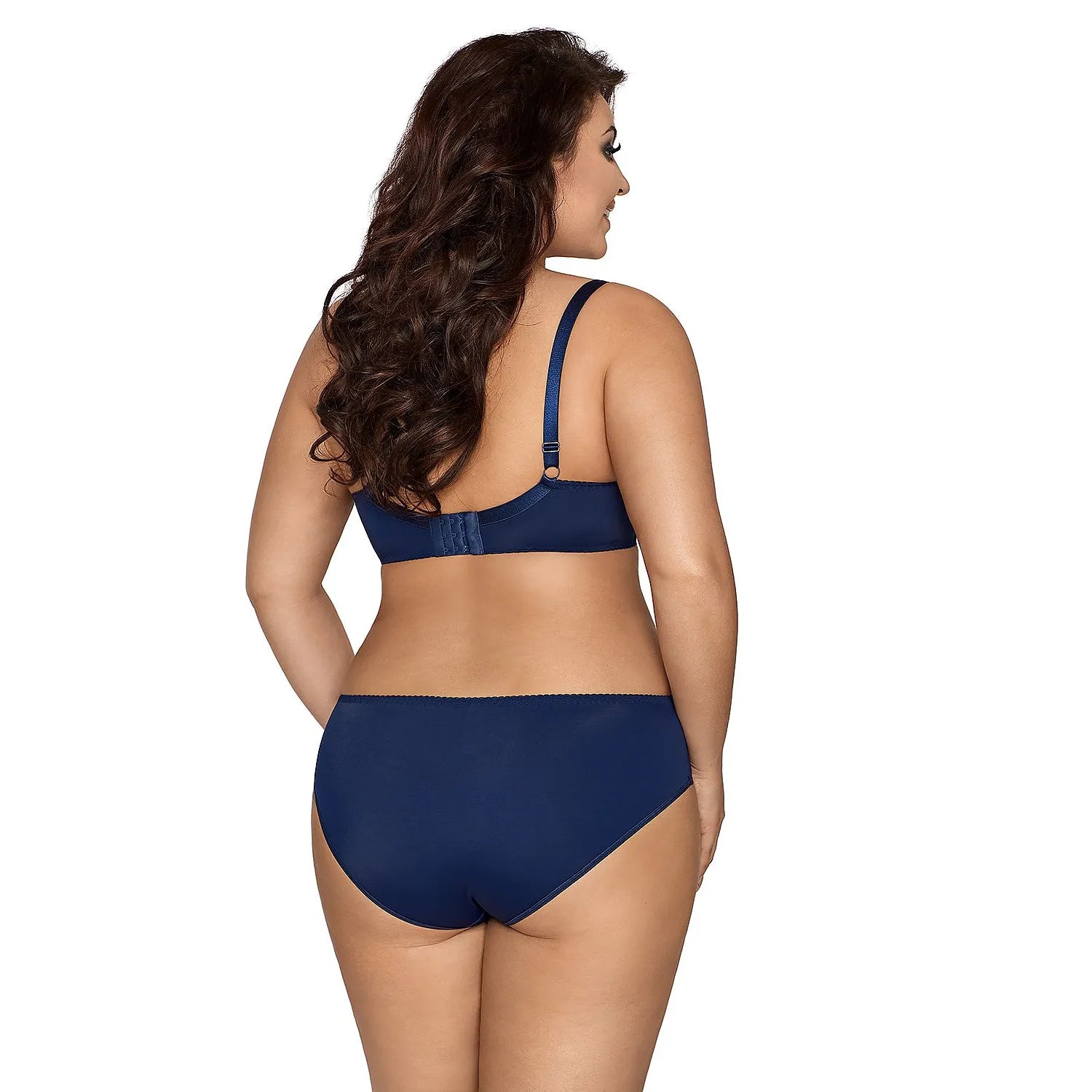 Ensemble lingerie Axami bleu marine, soutien-gorge balconnet dentelle et culotte satinée, bretelles ajustables.