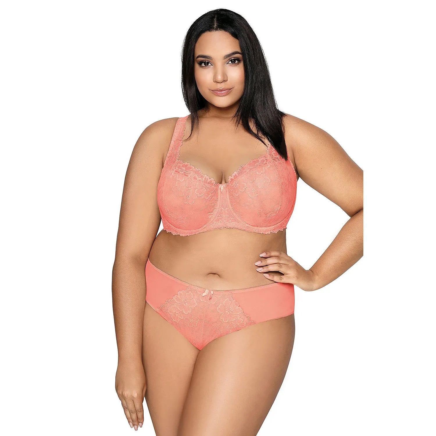Culotte corail en dentelle florale avec nœud avant, tulle sur les côtés, bords élastiques, tailles 36-44.
