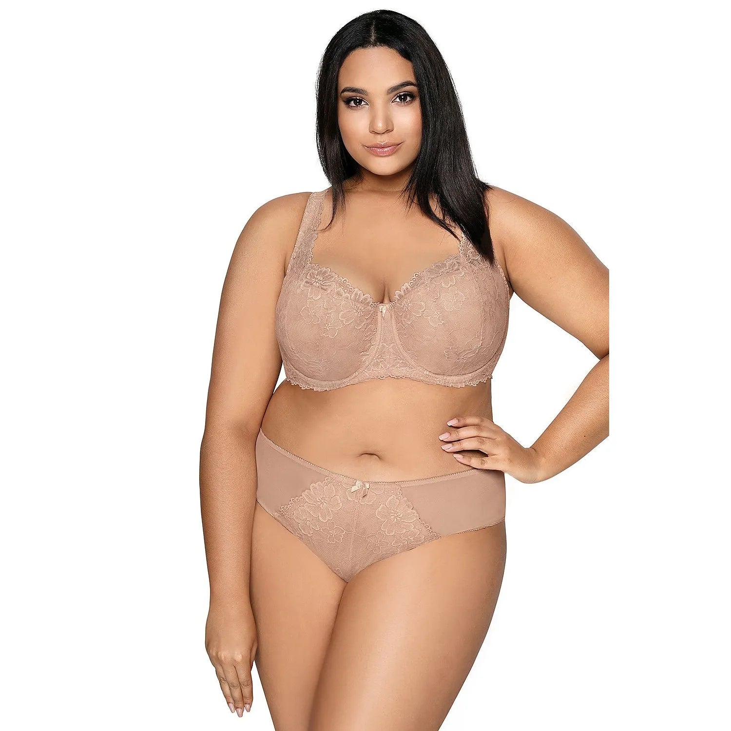 Culotte en dentelle florale beige, noeud décoratif, bords élastiqués, design raffiné et confortable, vue avant.