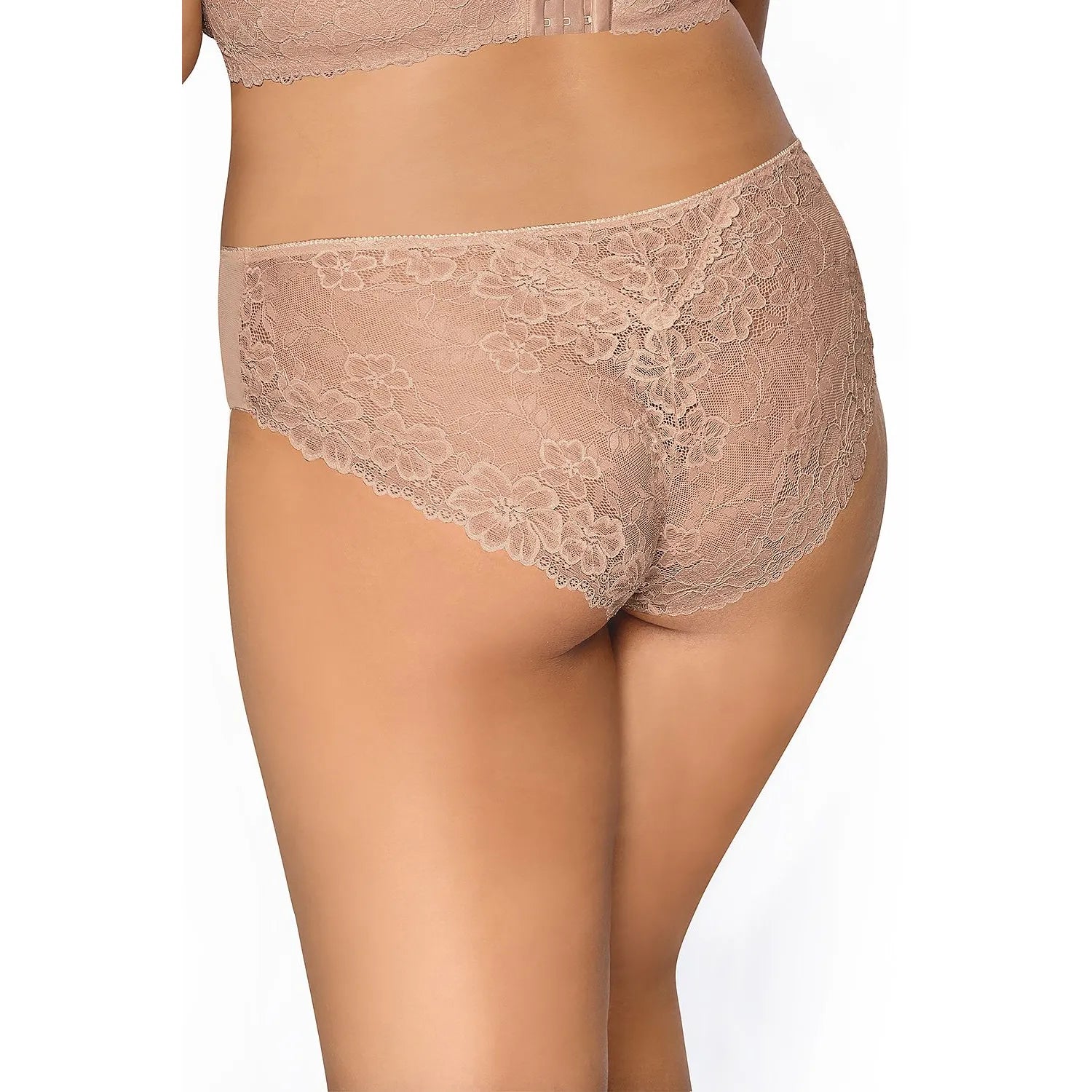 Culotte en dentelle florale beige, noeud décoratif, bords élastiqués, design raffiné et confortable, vue de dos.