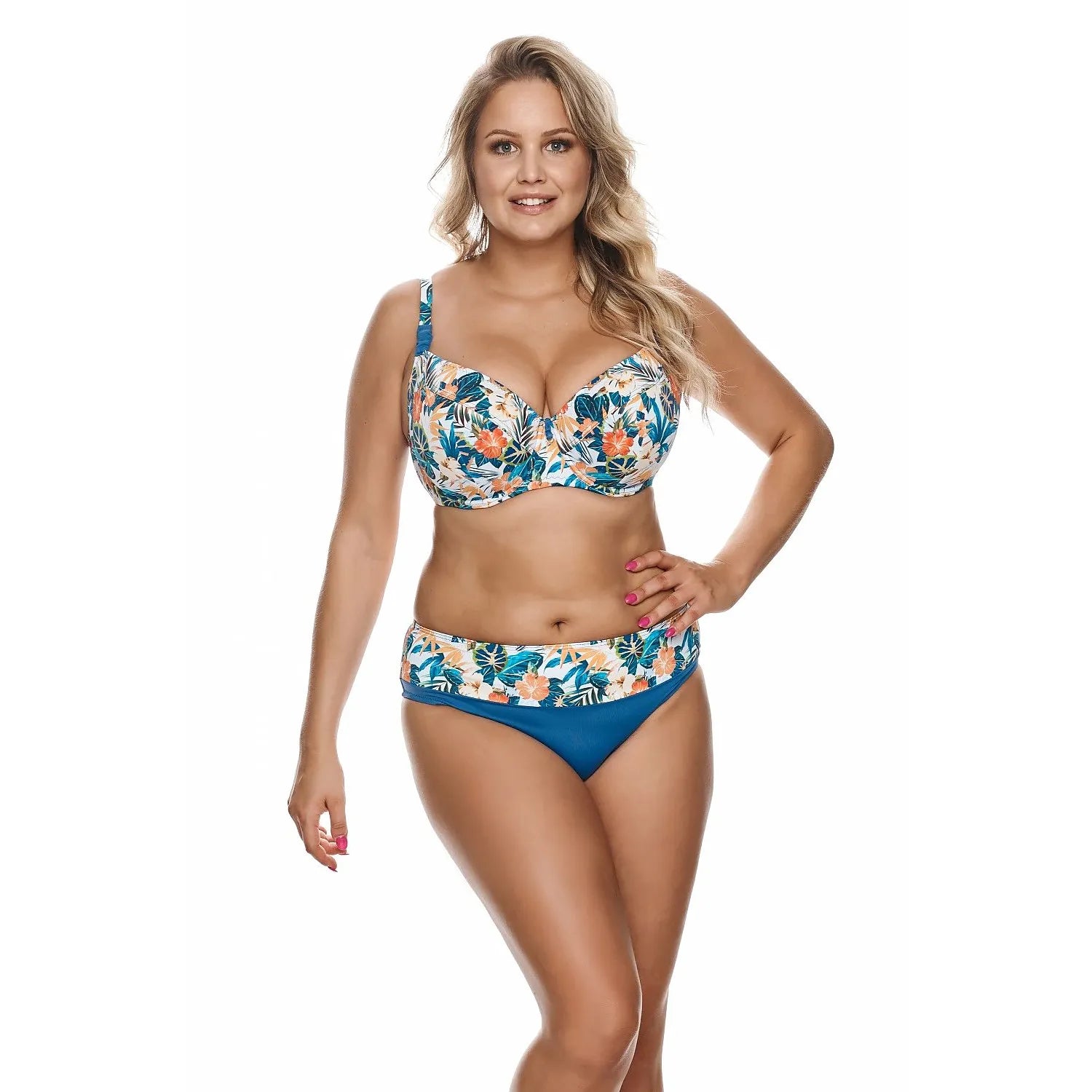 Bikini set tropical print adjustable straps underwires wide waistband polyester elastane all body types swimwear beachwear