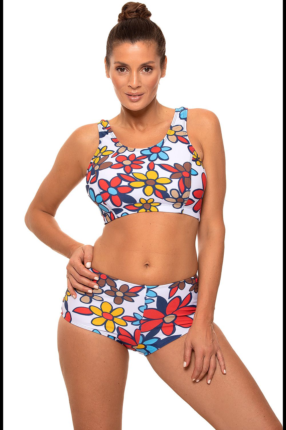 Maillot de bain deux pièces fleuri, soutien-gorge top élastique, culotte haute, tissu Carvico Tessuti, coloré et confortable.