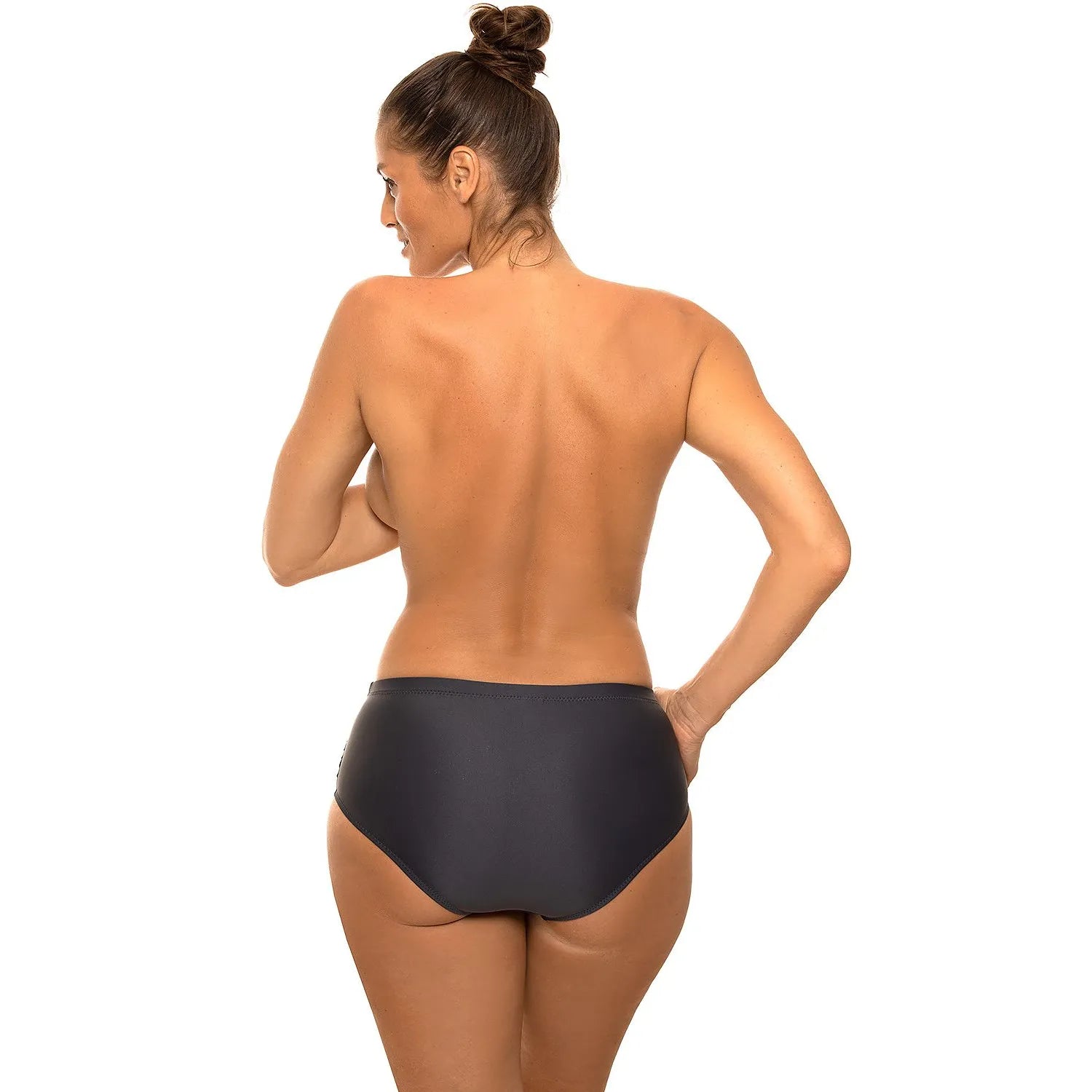 Culottes de nageur hautes noires en polyamide élasthanne, coupe taille haute, confort et élégance pour femmes.