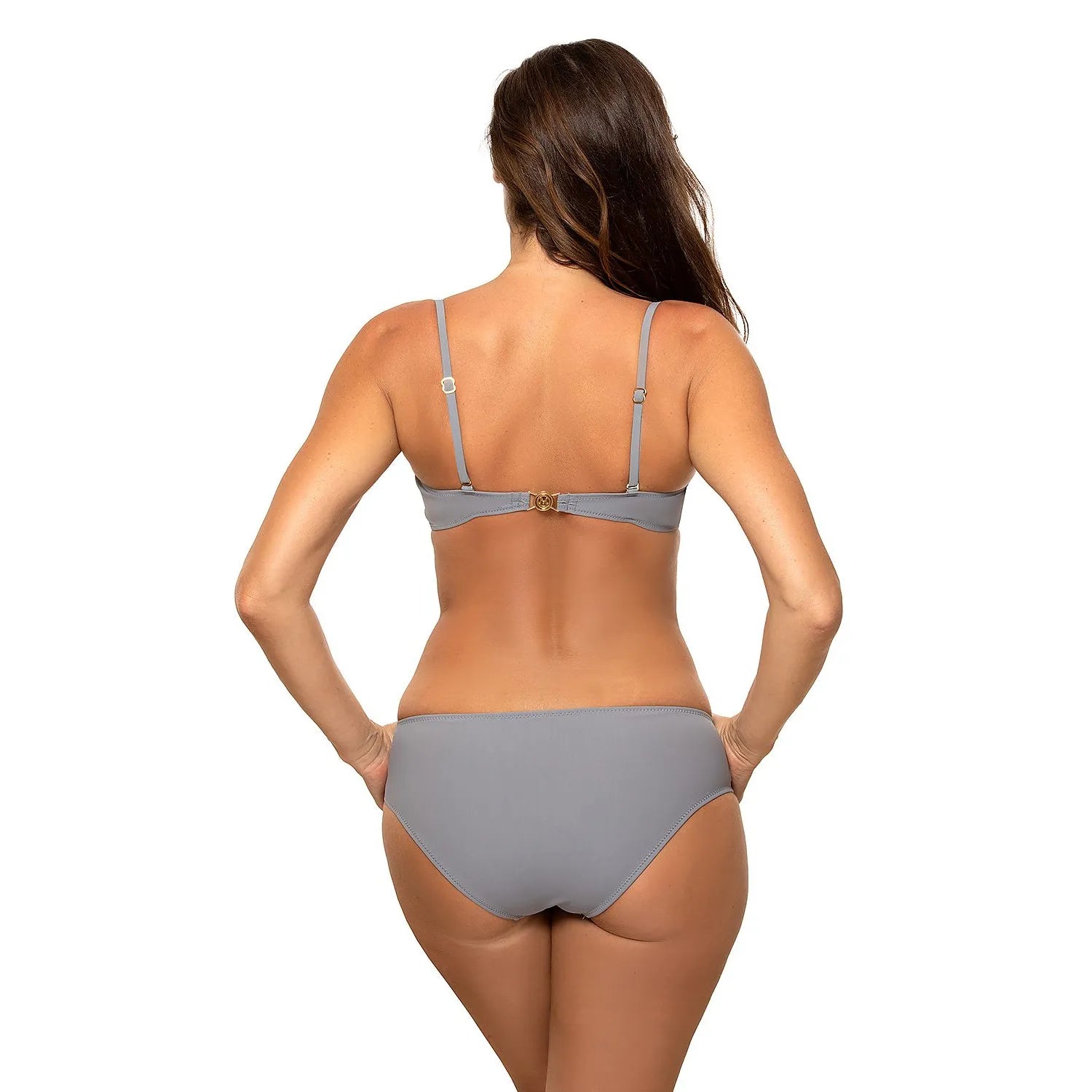 Bikini gris deux pièces balconnet, bonnets renforcés, bretelles ajustables, taille semi-haute, vue arrière élégante.