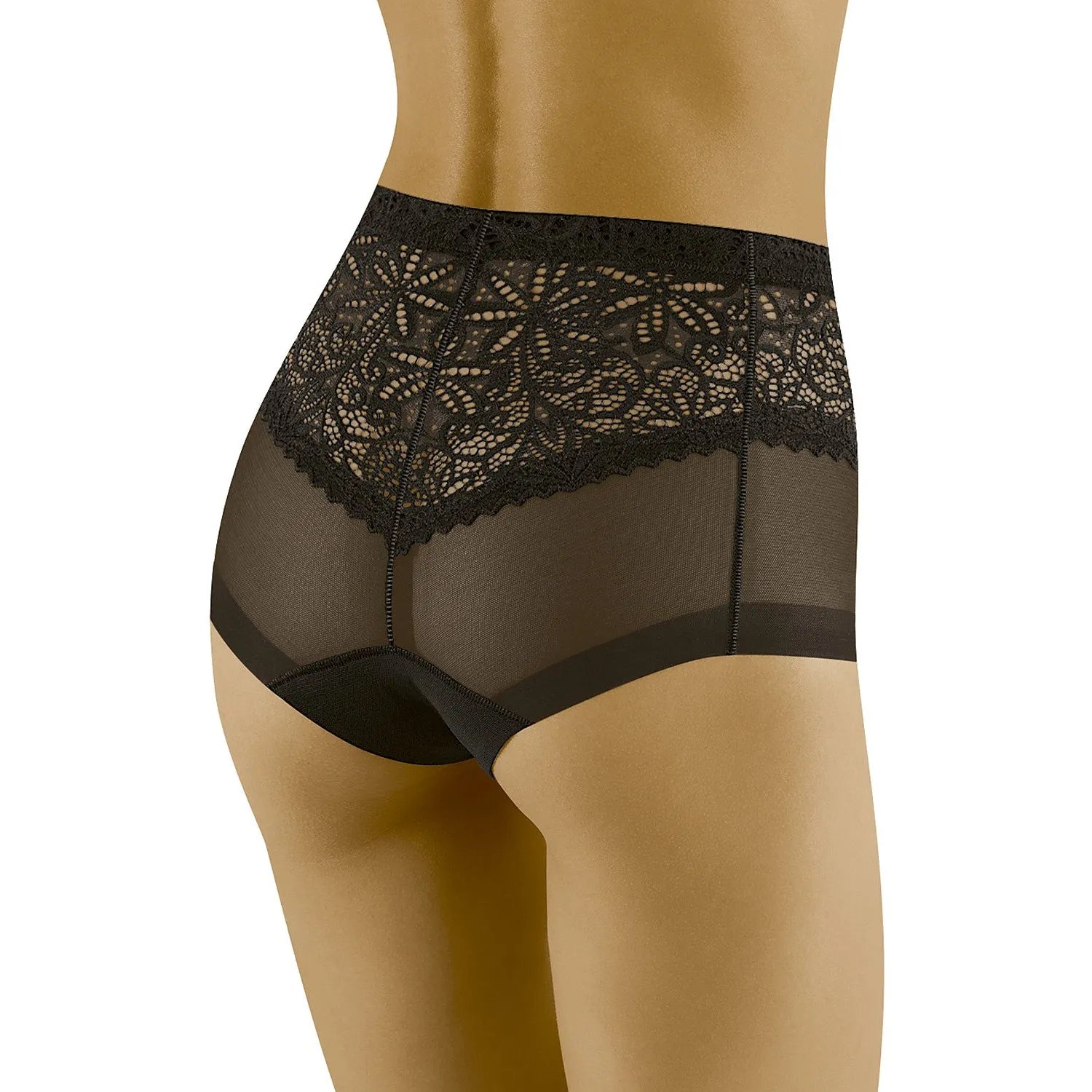 Culotte taille haute noire en dentelle florale, maille transparente, effet gainant, élégance et confort pour silhouette fé...