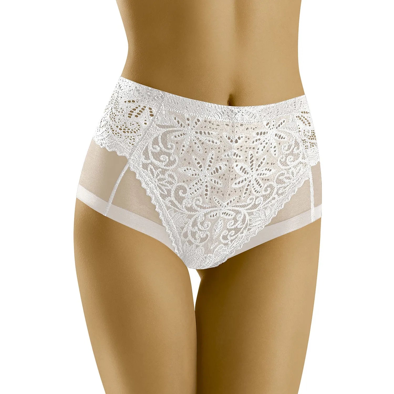 Culottes dentelle blanche vintage taille haute lingerie féminine sophistée maille transparente floral motifs élégance féminité confort