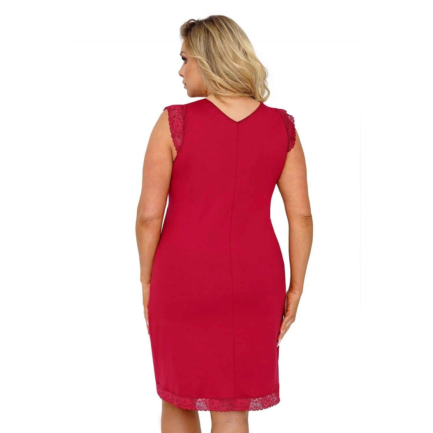 Chemise de nuit rouge en viscose avec dentelle, encolure V, manches courtes, coupe ajustée, mi-cuisse, élégante et sexy.