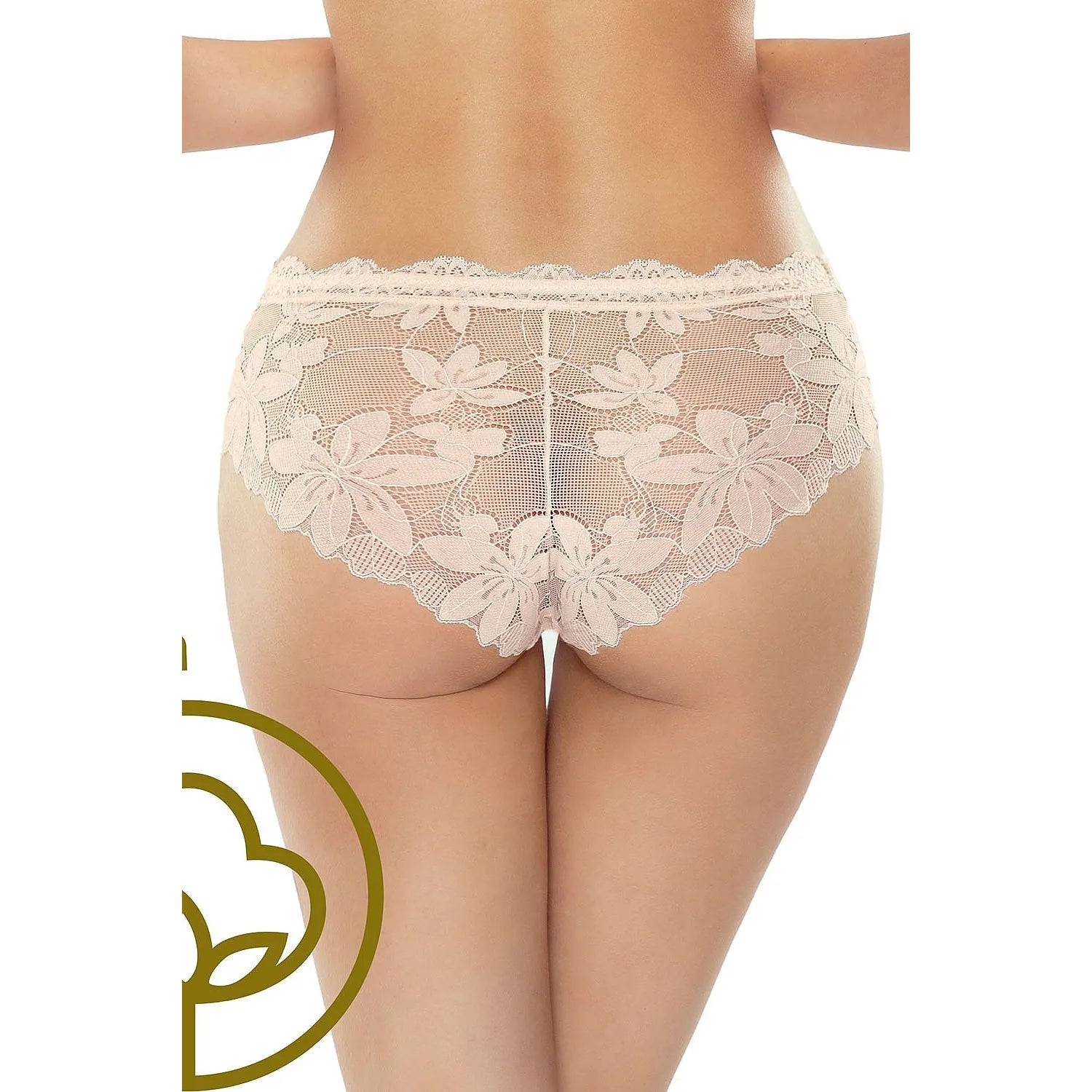 Culotte féminine élégante en dentelle florale beige, dos en maille fine, design raffiné, confort et maintien optimal.