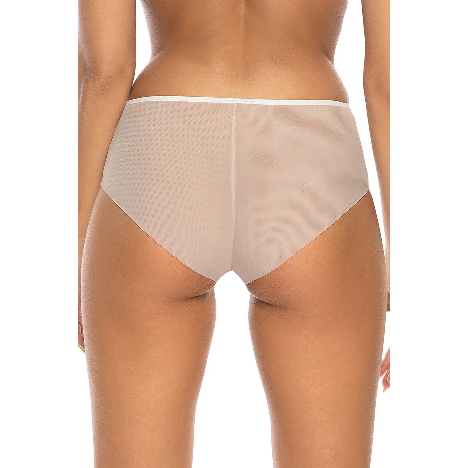 Culotte haute beige en maille transparente avec dentelle florale et nœud décoratif, élégante et confortable.