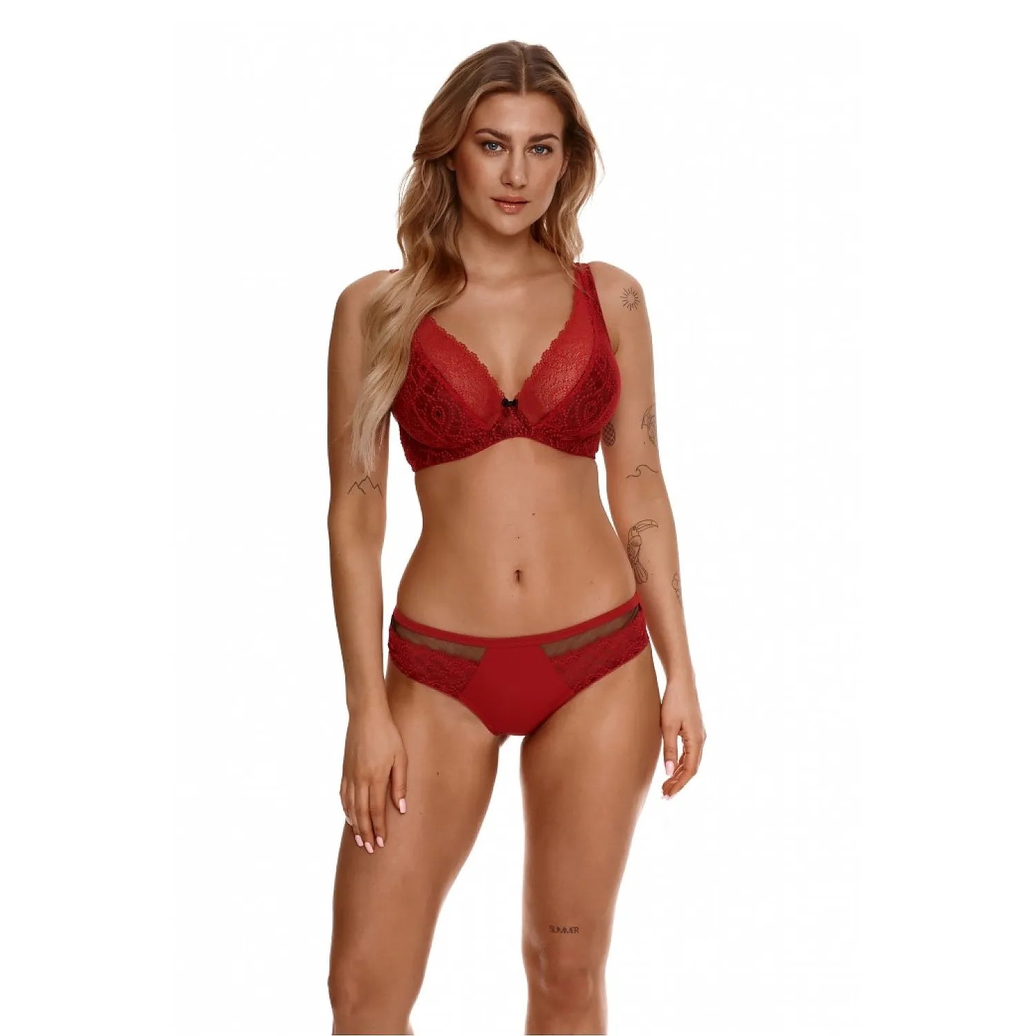 ensemble dentelle rouge floral séduisant romantique sophistiqué décolleté plongeant bonnets renforcés armatures nœud décoratif culotte transparent élasthanne polyamide confort ajustable