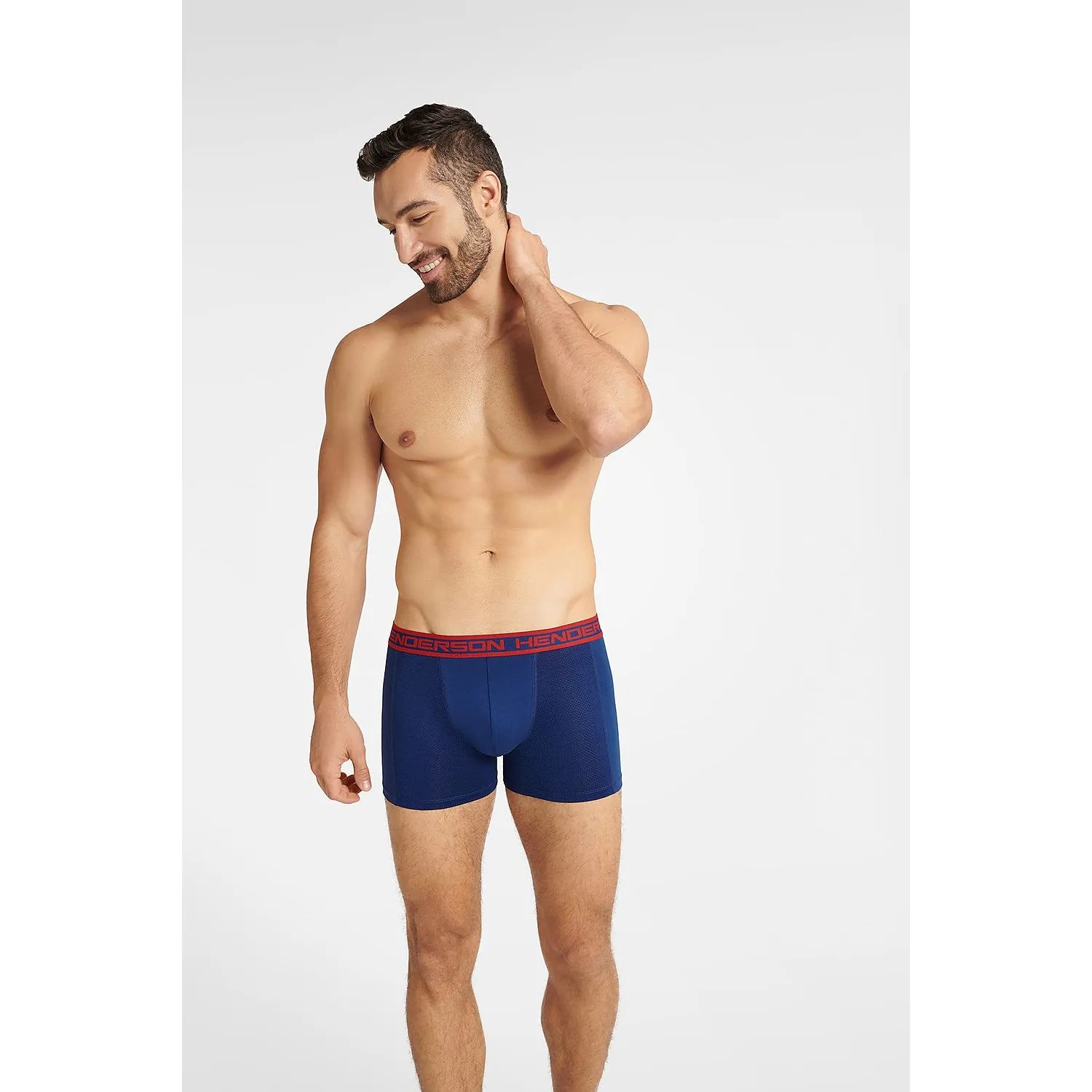 Boxer Henderson 175642 homme coton élasthanne extensible doux respirant coupe ajusté ceinture élastique imprimée rouge bleu profond mi cuisse élégant