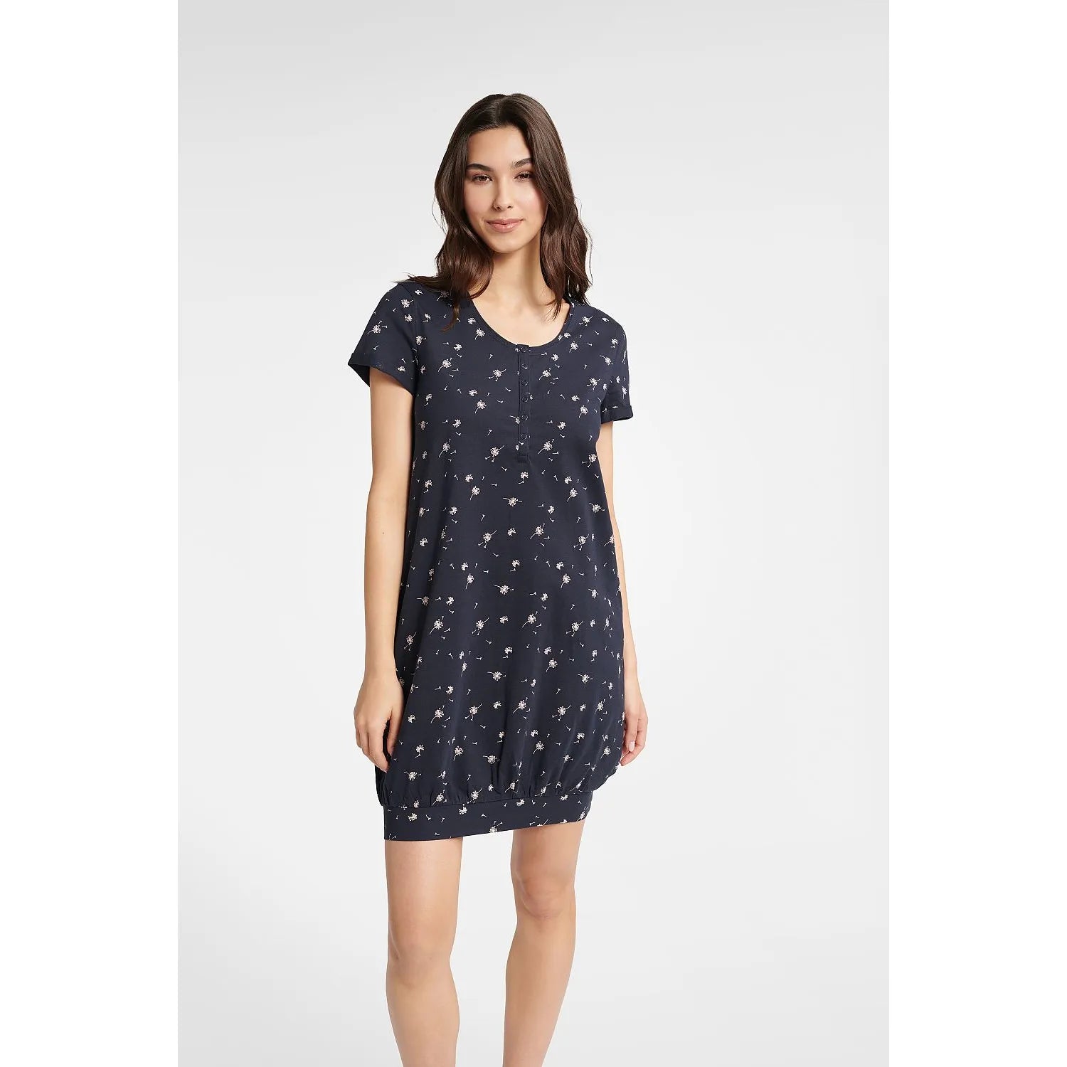 Chemise de nuit en coton confortable femme style décontracté manches courtes col rond motif floral bleu marine