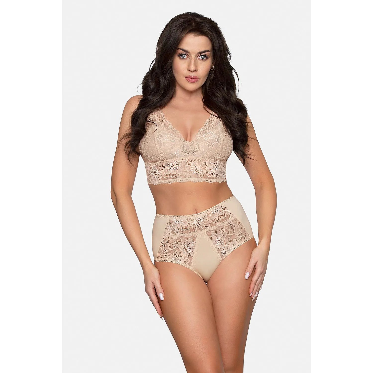 Babell 176516 Women's Bralette & High-Waisted panties Floral Lace Soft Cotton Breathable Elegant Design Comfort beige L-XXXL