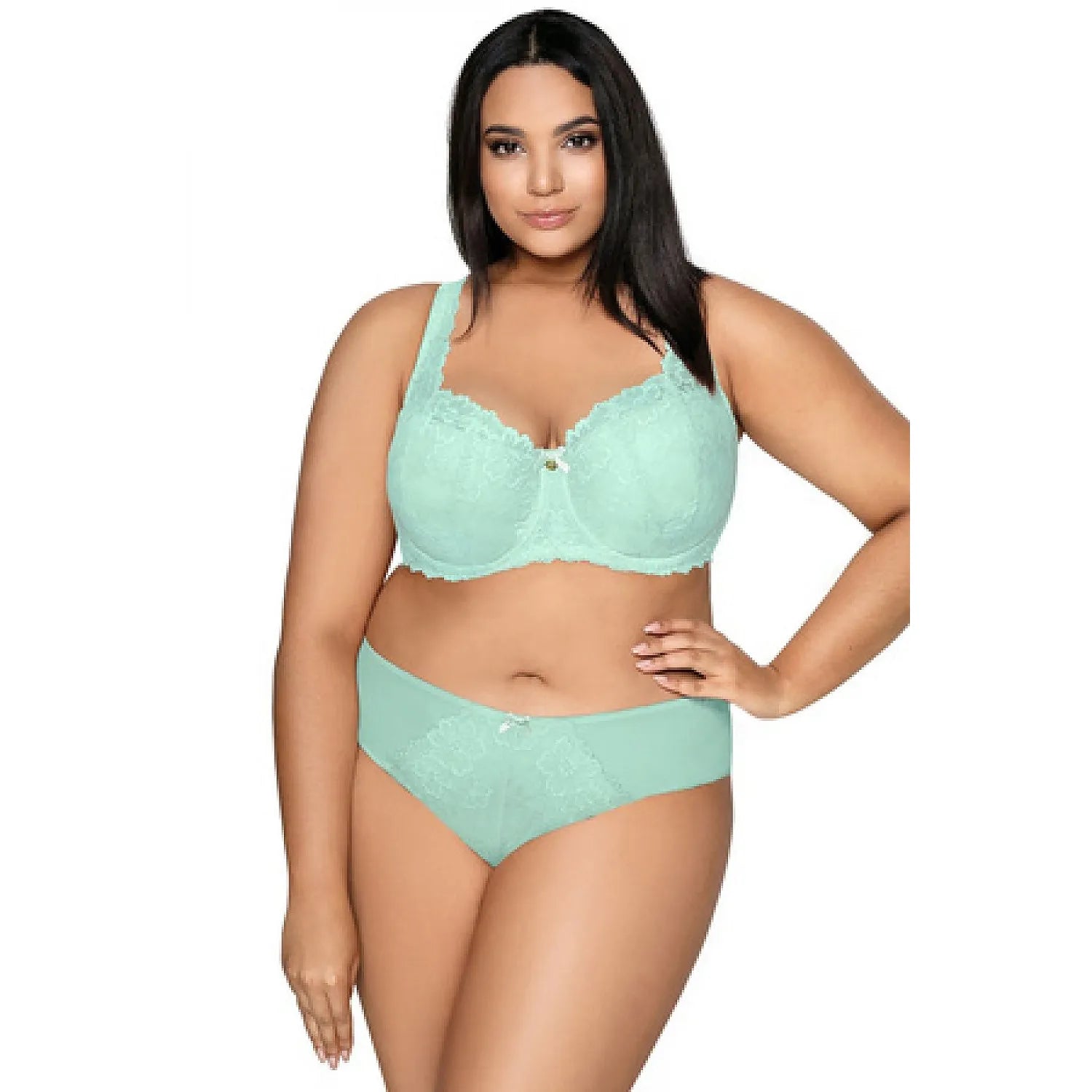 Ensemble lingerie dentelle florale vert menthe, soutien-gorge couvrant et culotte ajustable, élégance et confort.