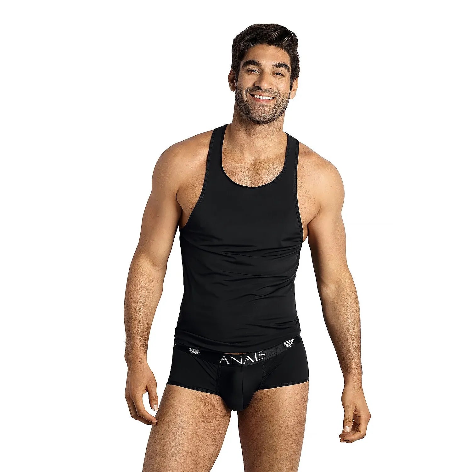 ensemble lingerie homme Anais modèle 181783 débardeur boxer élasthanne polyamide noir ajusté taille élastiquée logo ceinture poche frontale soutien confortable