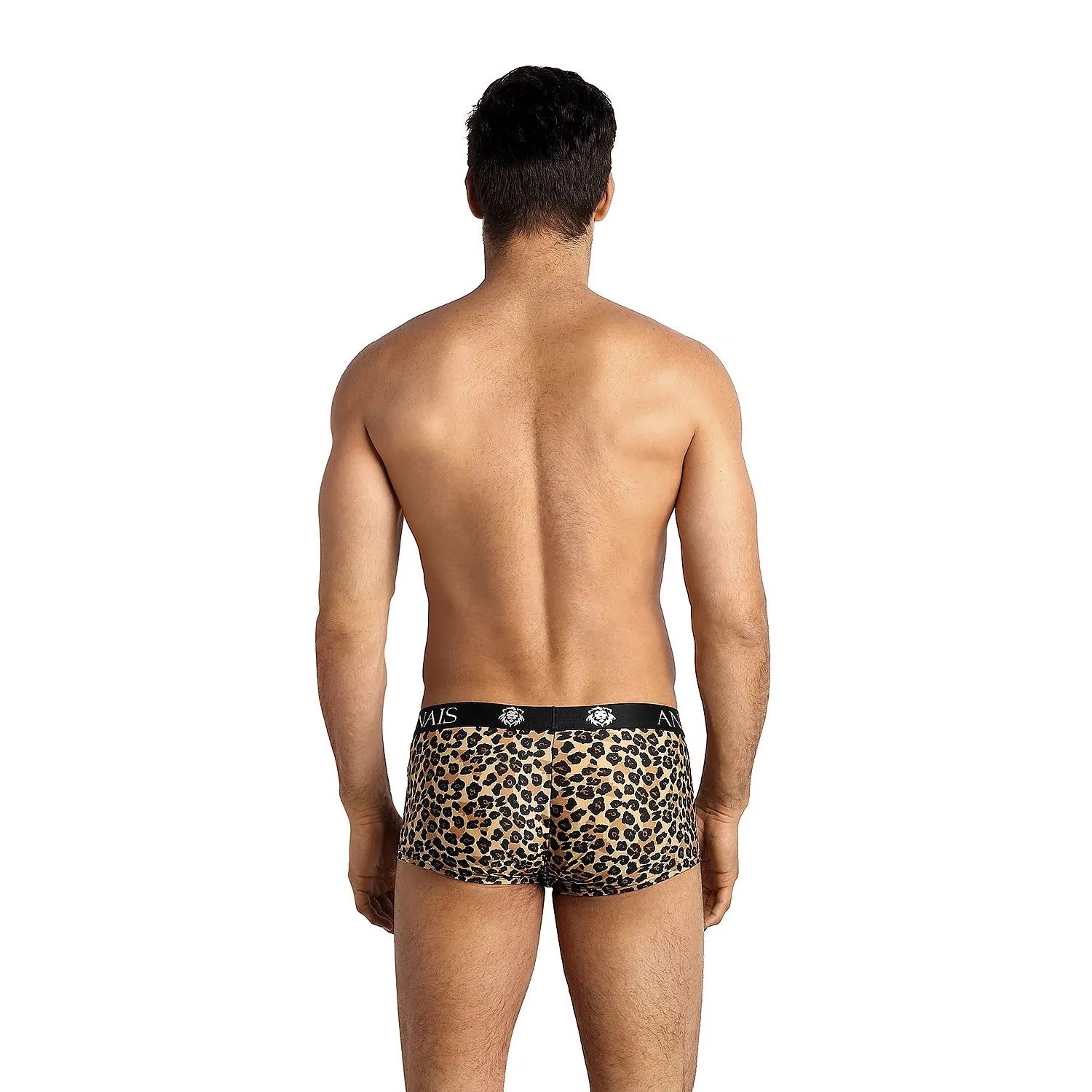 Boxer homme imprimé léopard Anais, taille ceinture noire, coupe ajustée, confort élasthanne polyamide, dos visible.