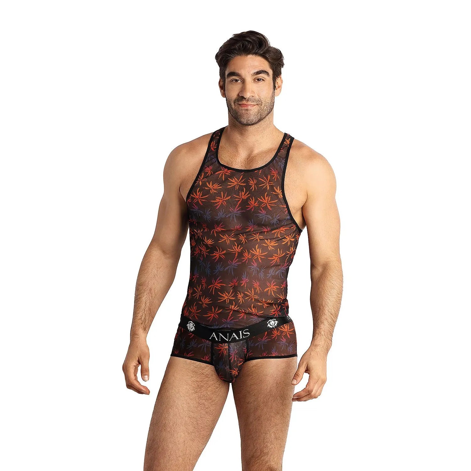 débardeur boxer assorti motif feuilles tropical noir accents rouge orange violet extensible léger maintien ceinture élastique logo Anais