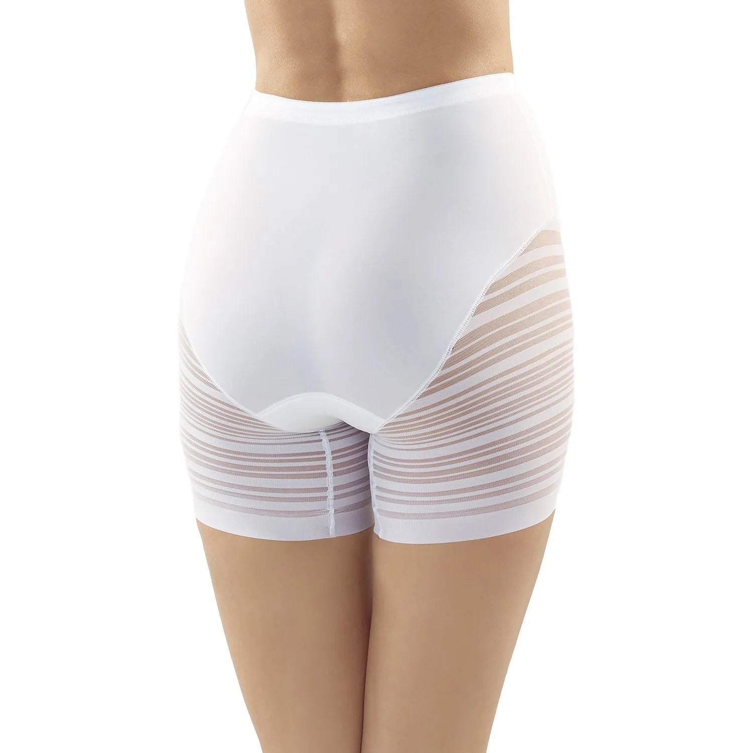 Culottes gainantes blanches mi-cuisse, haute taille, opaques au centre, bandes transparentes latérales, élégantes.