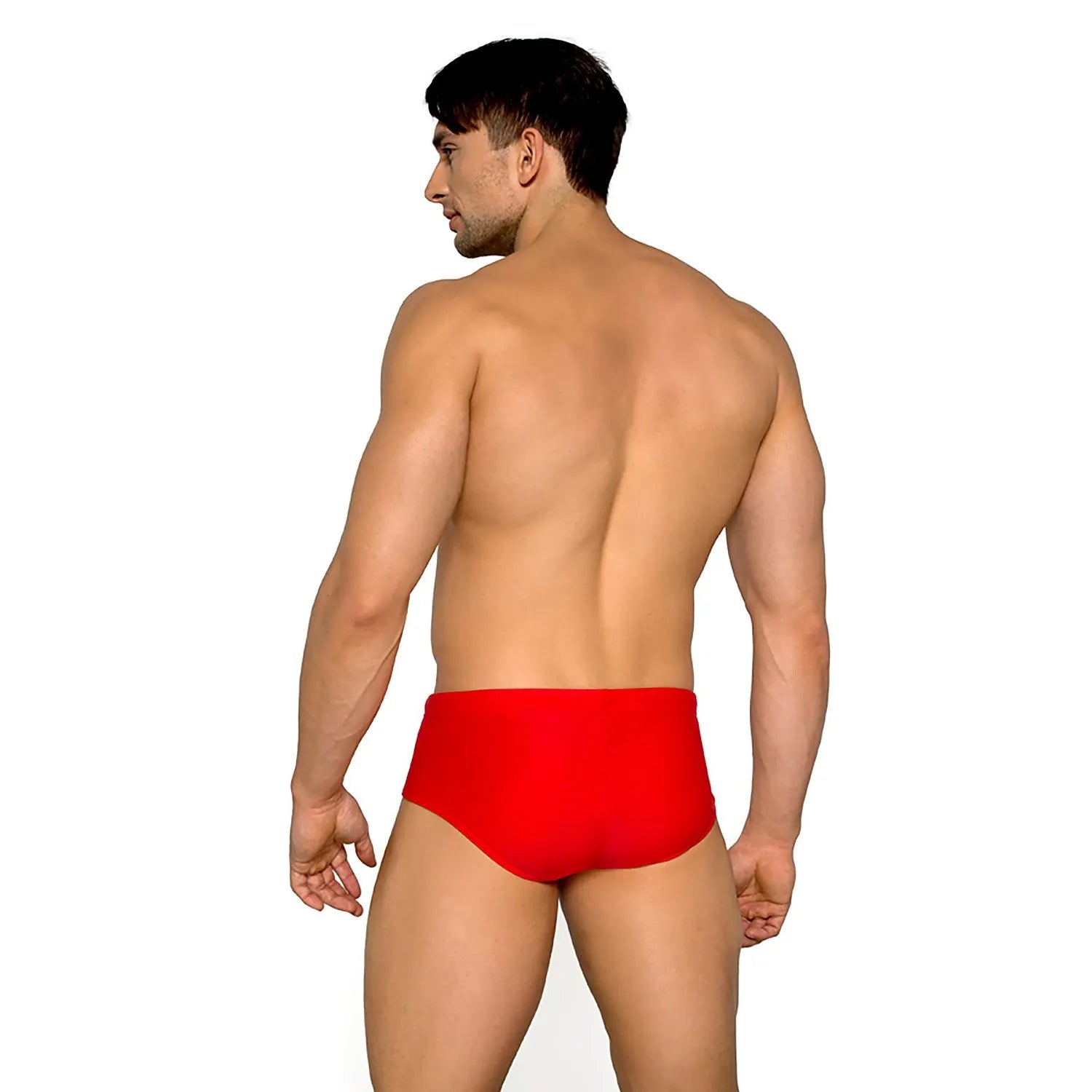 Boxer maillot de bain homme rouge vif, ajusté, mettant en valeur la silhouette, tissu doux et résistant à l'eau.
