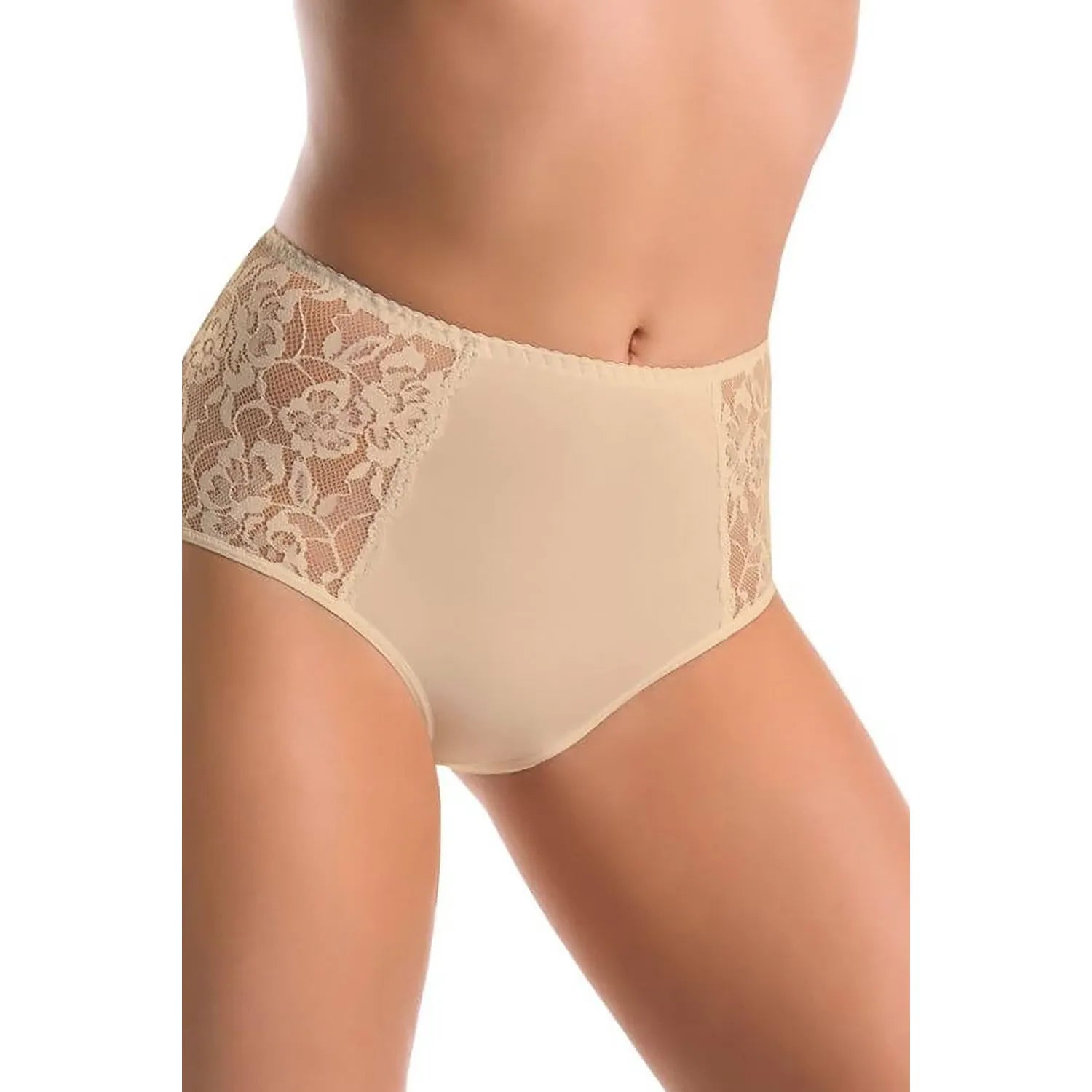 Culotte taille haute beige en dentelle, élégante et confortable, avec inserts latéraux, pack de 3, coton élasthanne.