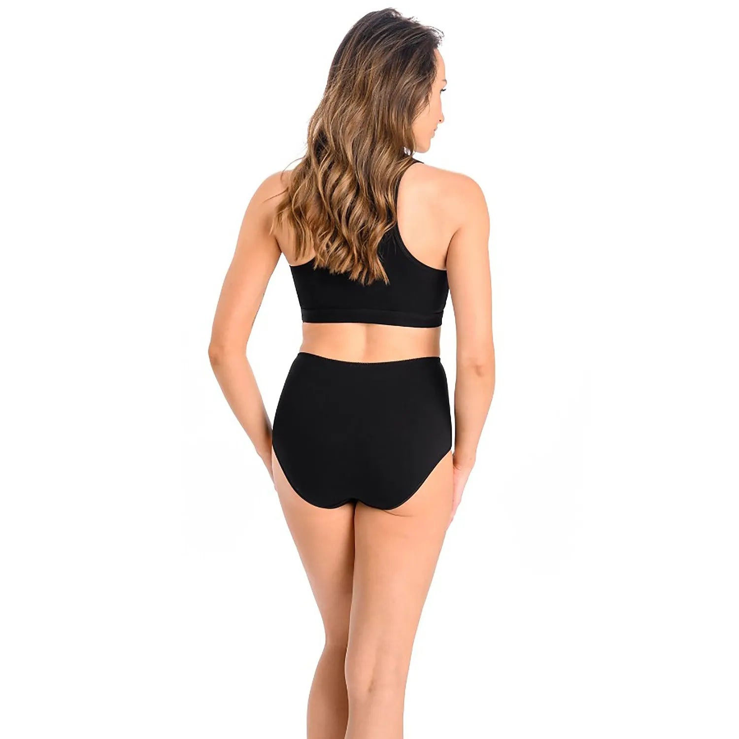 Culotte rétro noire taille haute, design épuré avec inserts en résille, élégance et confort pour occasions spéciales.