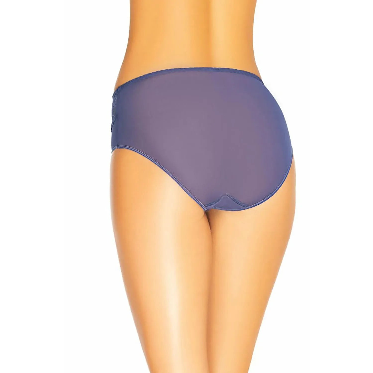 Culotte taille haute en dentelle florale bleue, maille douce semi-transparente, silhouette amincissante élégante.