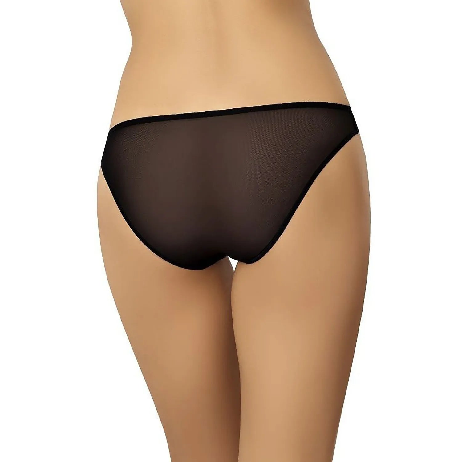Culotte transparente noire en maille fine, taille basse, ajustée, élégante et confortable, vue de dos sur mannequin.