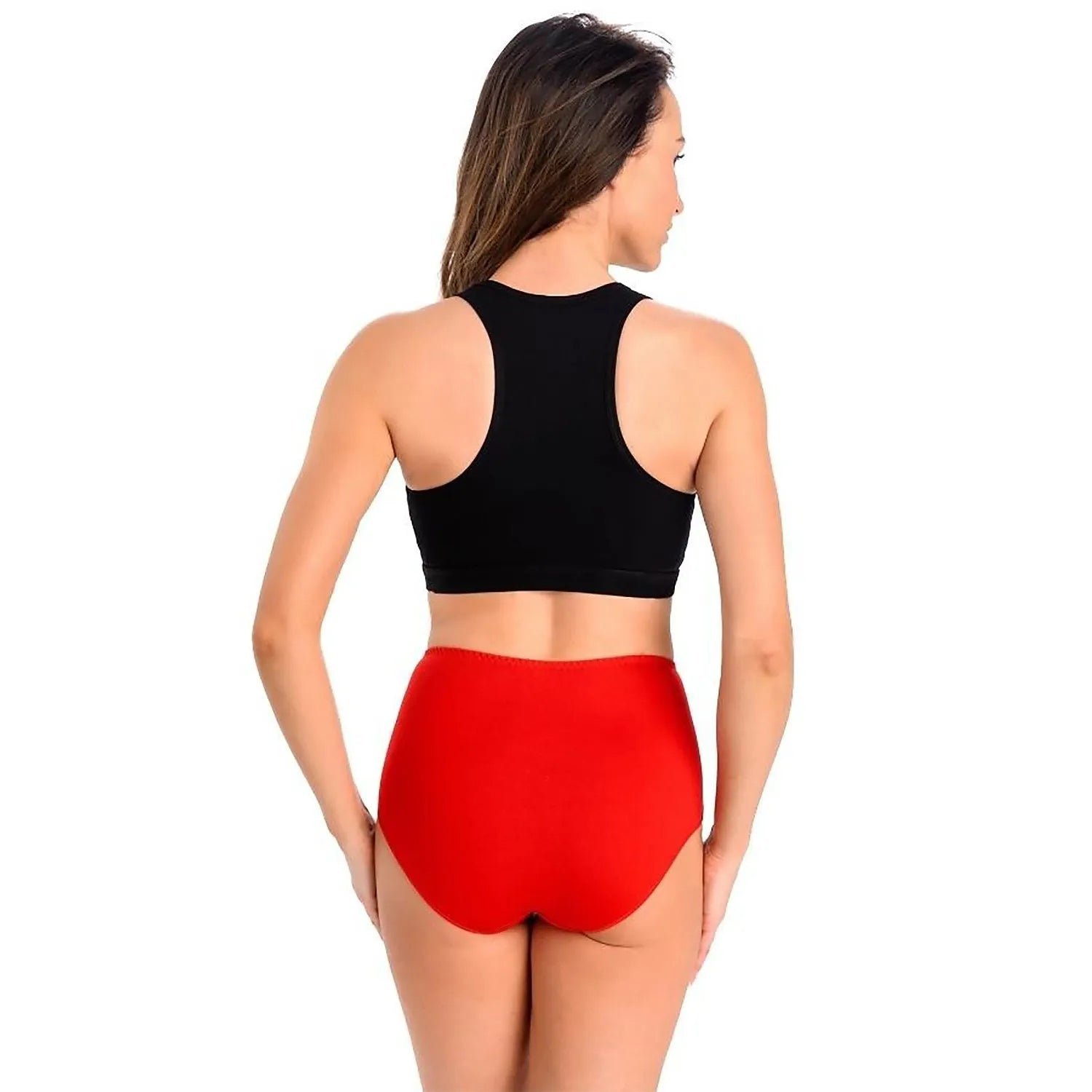 Ensemble lingerie femme: débardeur noir transparent, culotte taille haute rouge, design moderne et confortable.