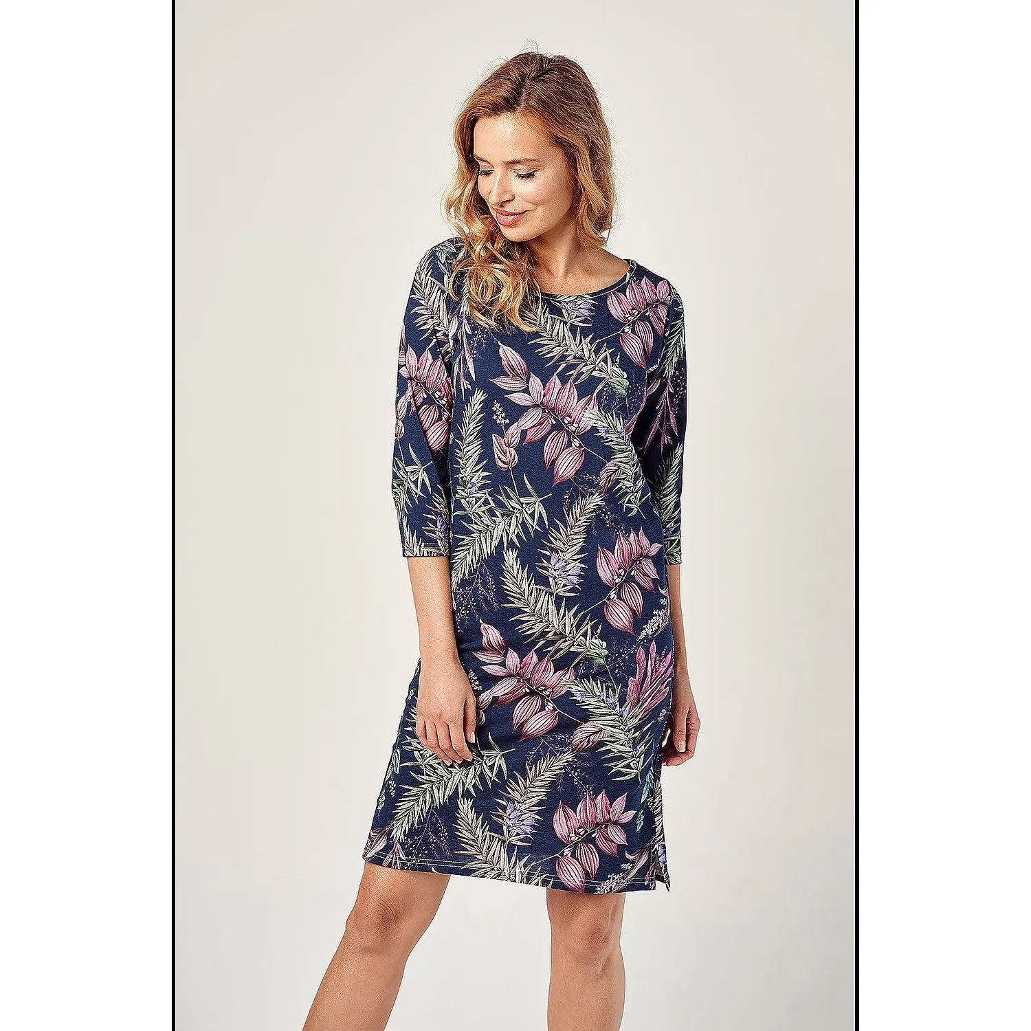 Chemise de nuit en coton floral 100% naturelle manches 3/4 col rond femme lingerie confortable nuit romantique sexy discrète