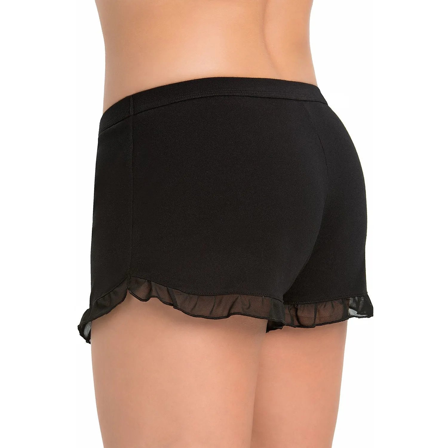 Ensemble lingerie noir femme, haut sans manches et short volants, tissu léger et confortable, élégant et intime.