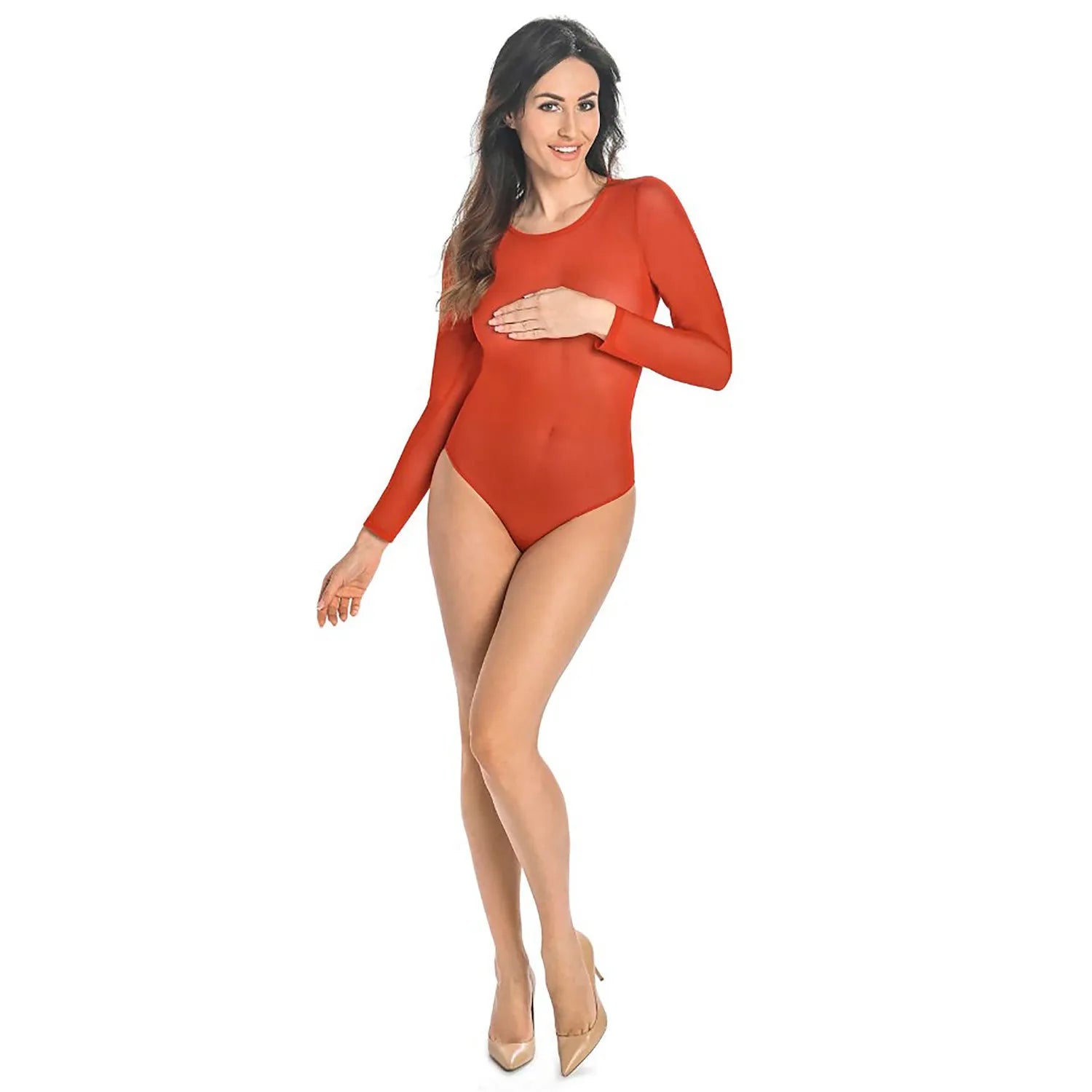 Body lingerie rouge translucide manches longues, ajusté, en maille élasthanne polyester, élégant et sensuel pour femme.