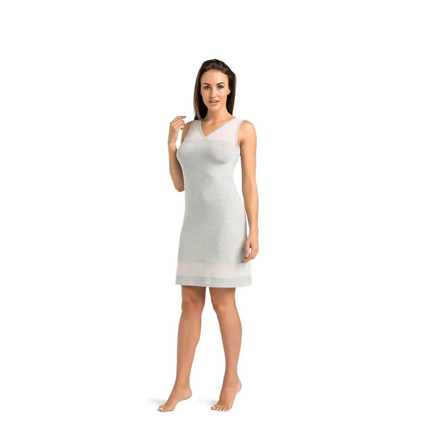 chemise nuit élégante encolure plongeante transparente ajustée viscose douce maille épaules délicate courte genou sensuelle gris clair confortable