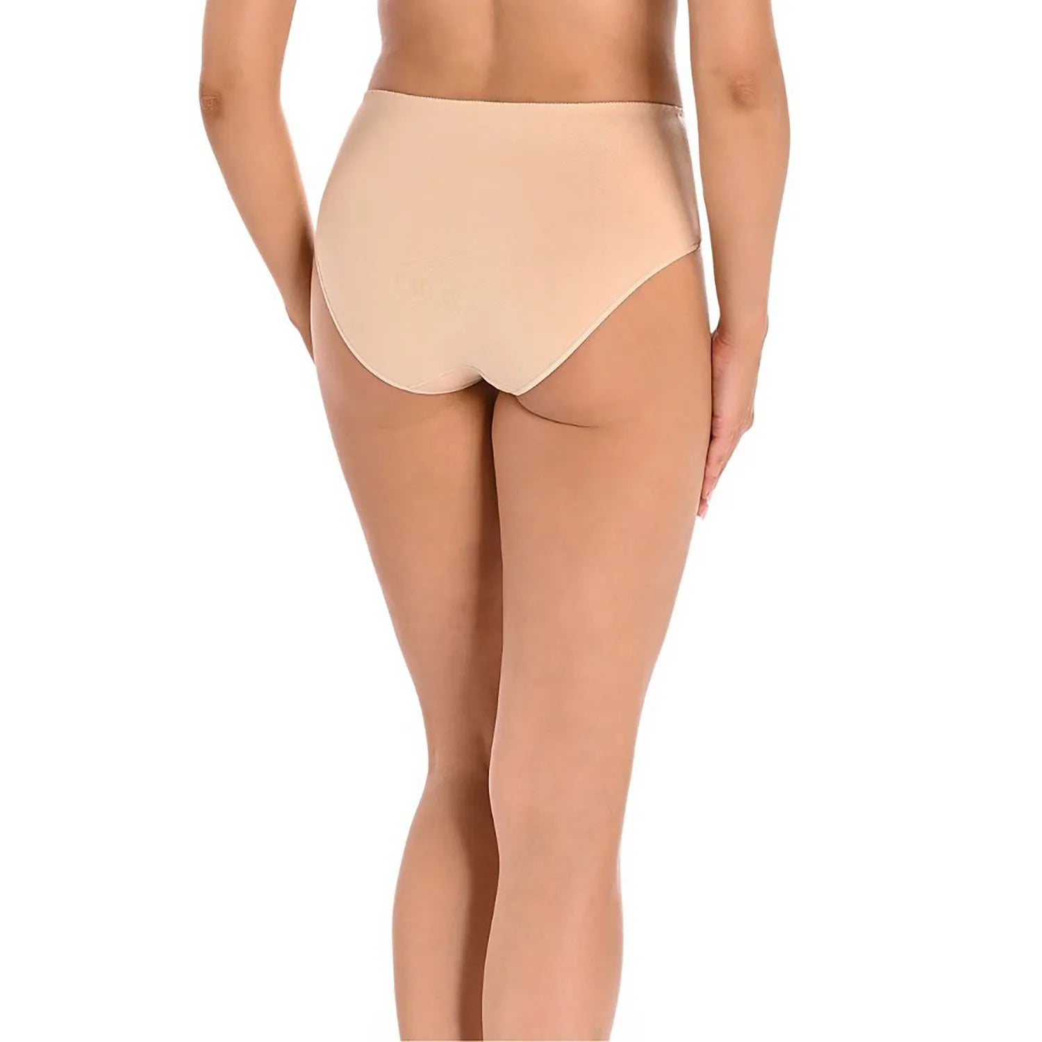 Culotte beige taille haute, couvrance totale, coton élasthanne, sans couture, ceinture élastique, dos couvrant.