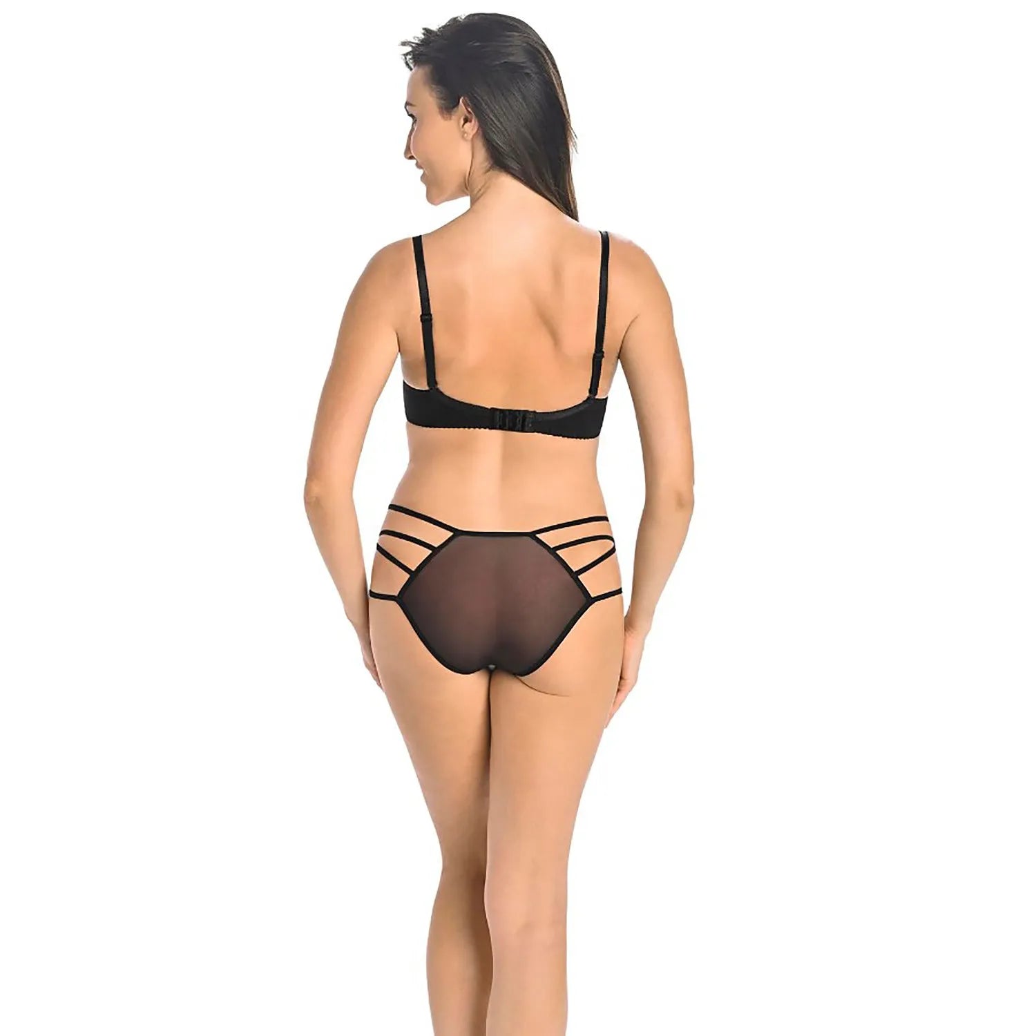 Culotte noire maille transparente losange, bretelles élastiques croisées, confortable, coton respirant, ajustable.