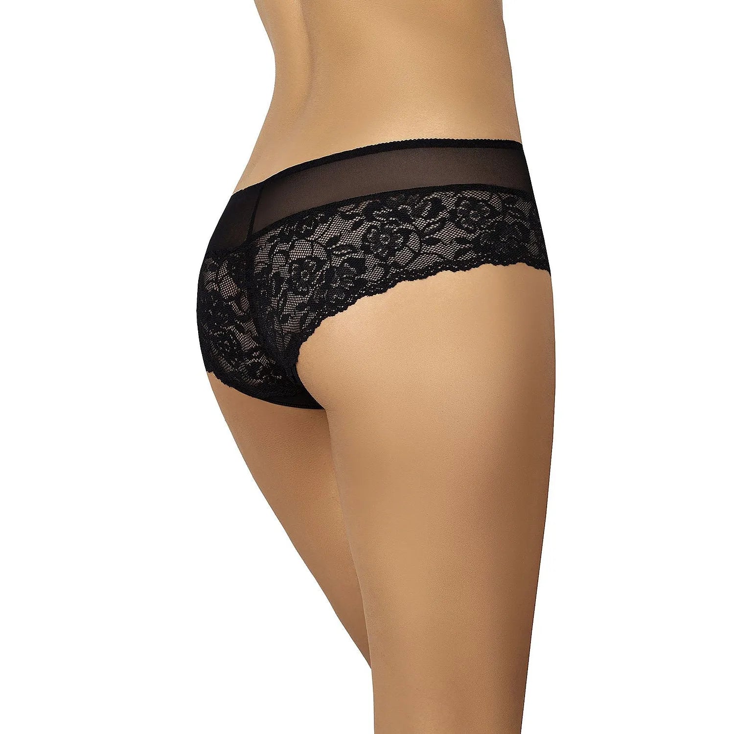 Culotte transparente en dentelle noire avec motif floral, élégante et sensuelle, vue de dos sur mannequin.
