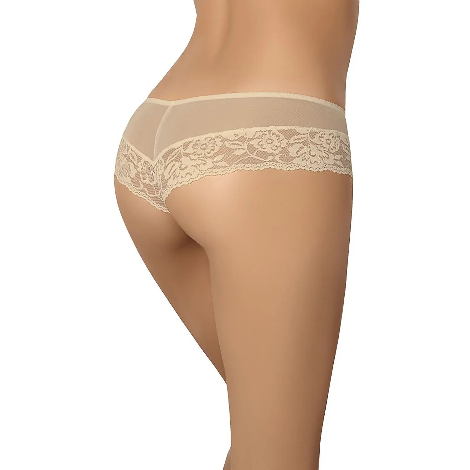 Culotte brésilienne Teyli beige, dentelle florale, maille semi-transparente, élégance et confort pour femmes.