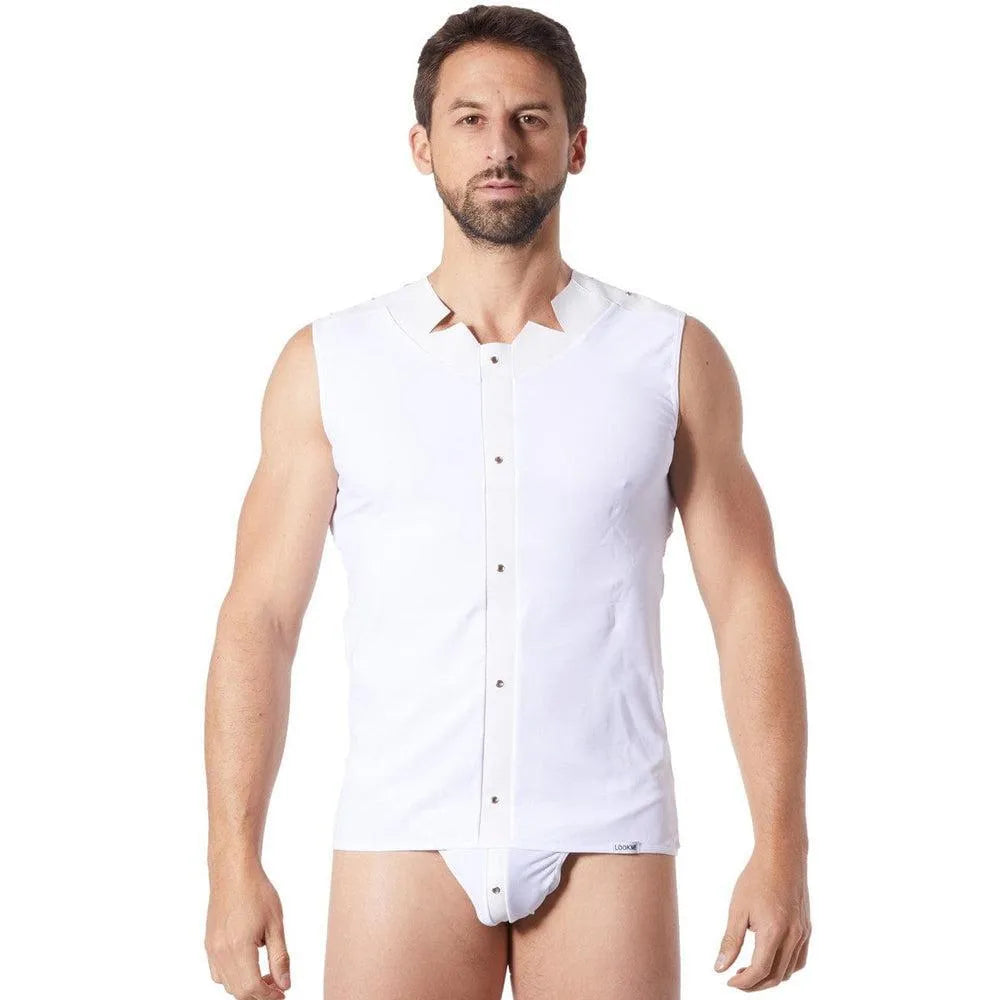 Débardeur Blanc Effet Satiné Style Cuir Bande Verticale Anneaux Métalliques Col Rond Pointes Dos Transparent Sensualité Tissu Doux Extensible