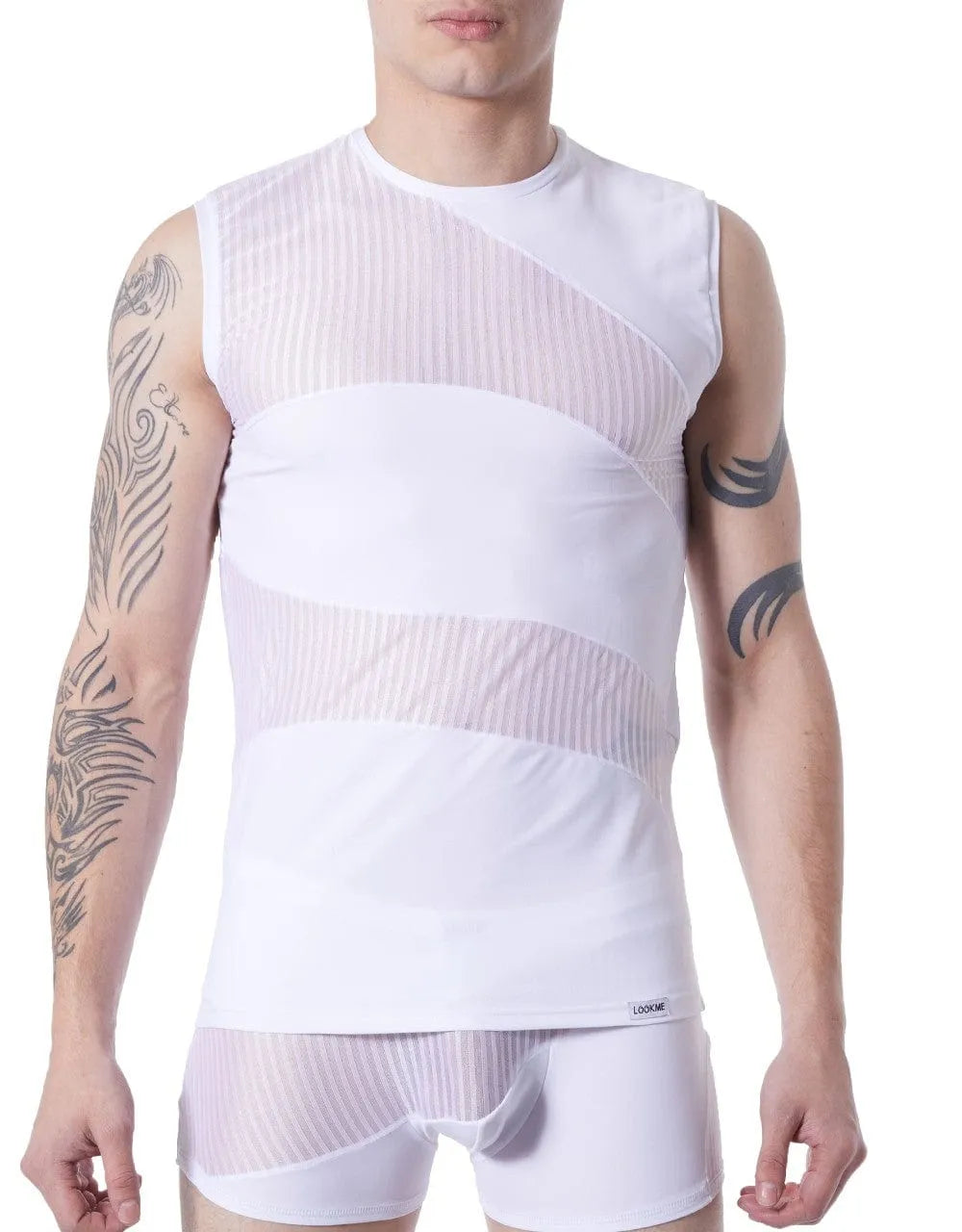 Débardeur homme blanc transparent, rayures subtiles, col rond, sans manches, ajusté, élégant et moderne.